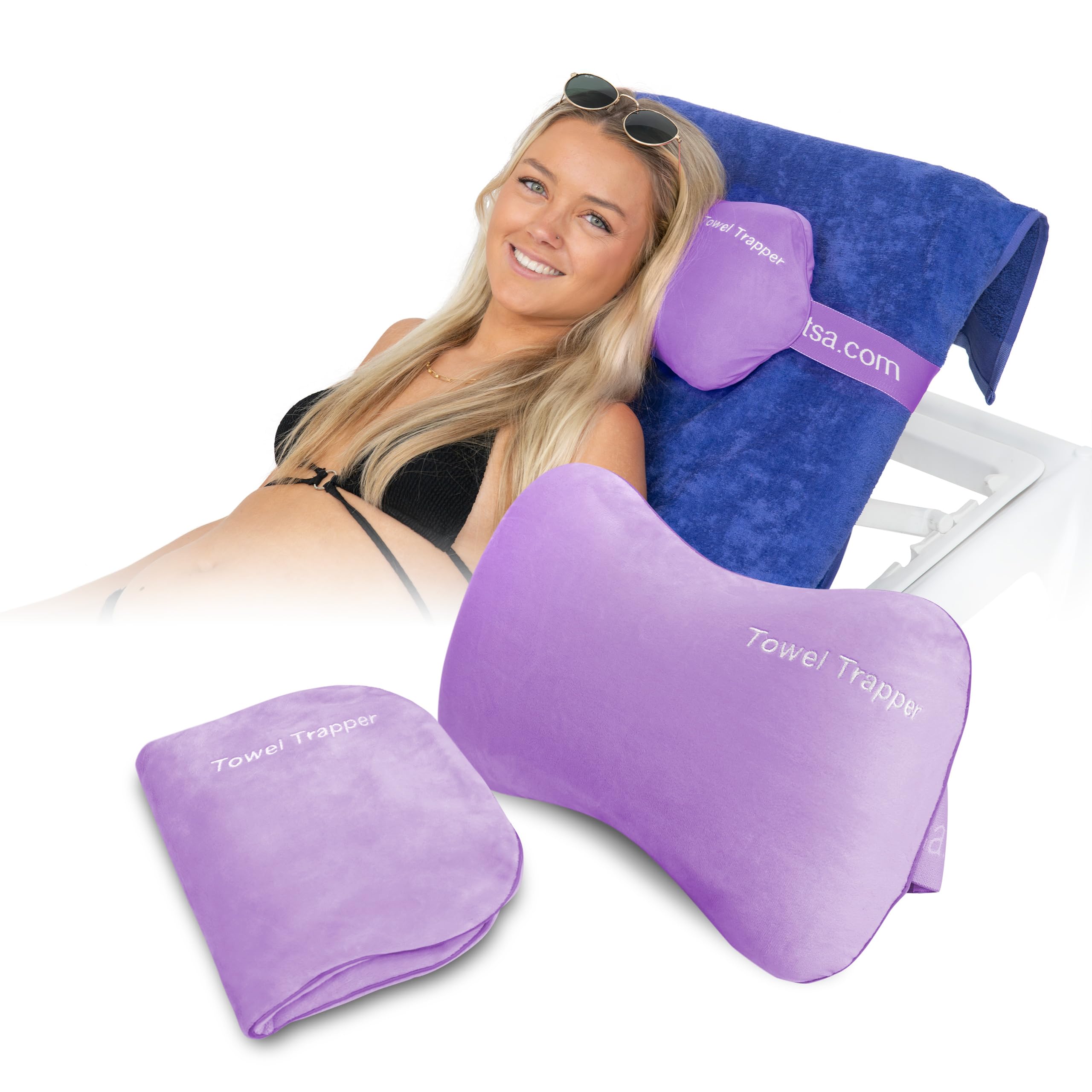 ITSA Towel Trapper | Inflatable Travel Beach Pillow | Sunlounger Towel Strap | Portable Towel Gripper, Neck Support Blow Up Pillow (Lilac Breeze)