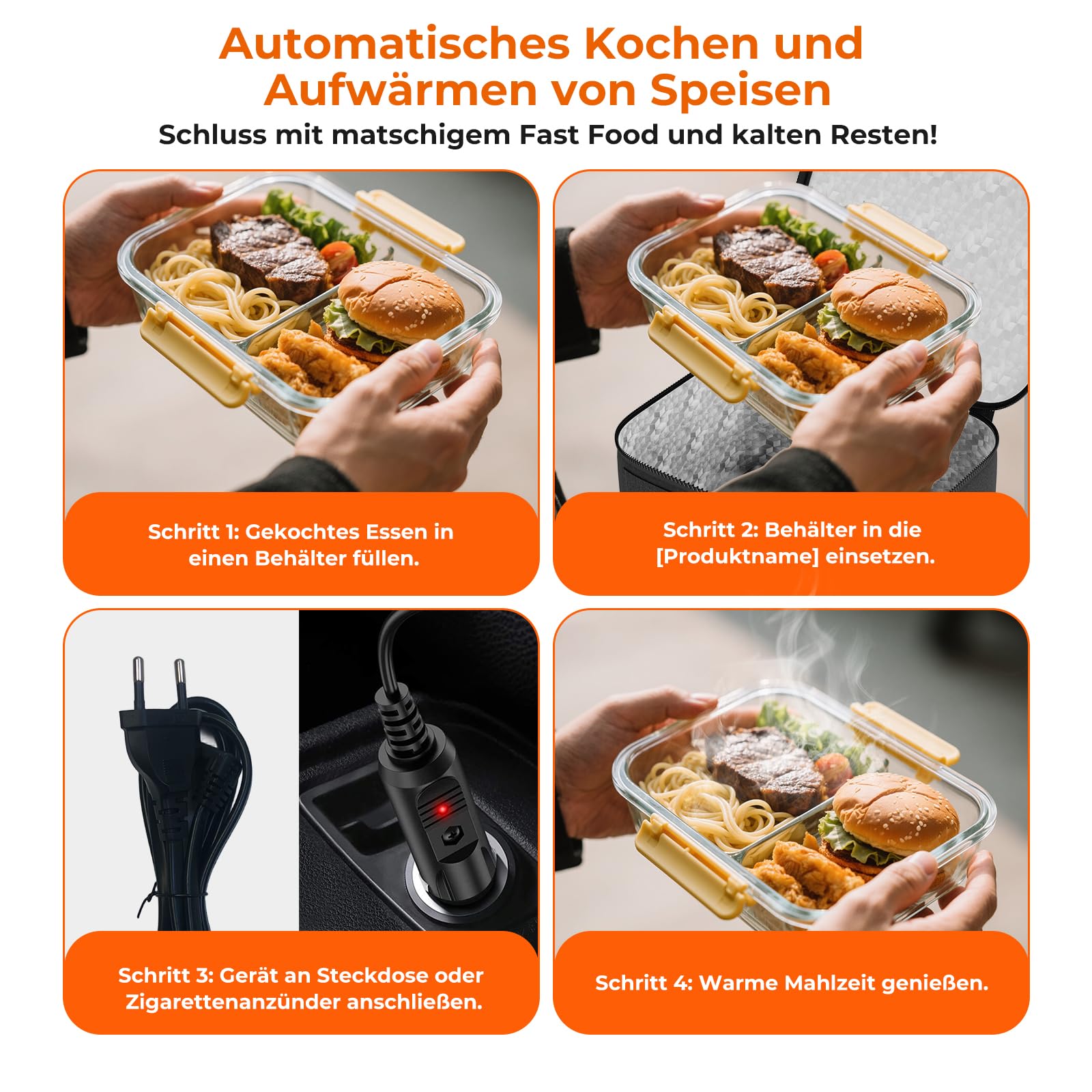 Elektrische Lunchbox - Kleine Speisenwärmer für Männer & Frauen, Mini Mikrowelle für Reisen, 12V/24V/220V 3-in-1 Selbstheizender Ofen für Auto, LKW & Büro, Schwarz