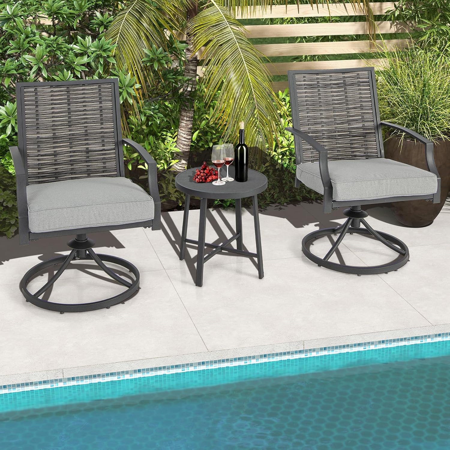 Tangkula 3 Piece Patio Swivel Chair Set, Wicker Swivel Chairs w/Coffee Table, Soft Seat Cushions, Heavy-Duty Metal Frame, 360° Swiveling Chair Set for Backyard, Balcony, Front Porch (Gray)