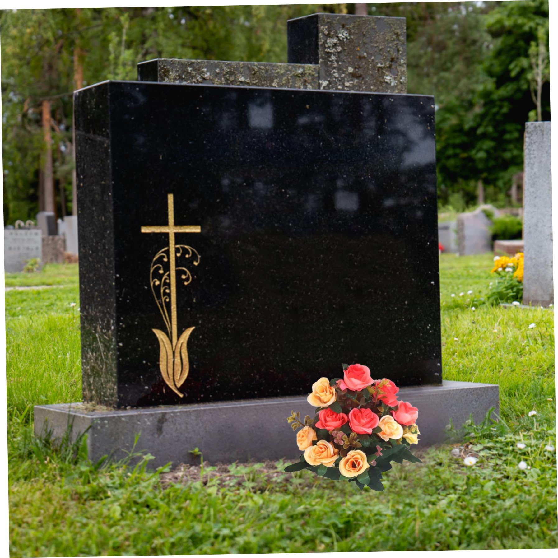 4 mazzi di Rose finte da cimitero da 11, 8'', a 12 Teste, in Seta, Fiori commemorativi per la Decorazione del Vaso della Tomba, Arancione