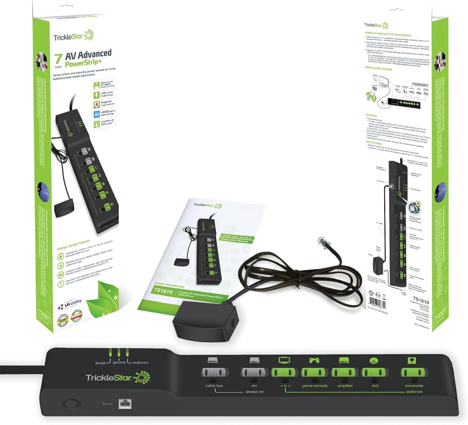 TrickleStar 7-Outlet Advanced PowerStrip packaging and components, including the power strip, remote sensor, and instruction manual.