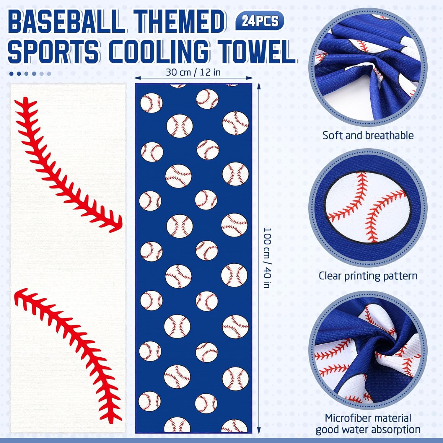 FuWeave 24 Pcs Sports Cooling Towels Baseball Basketball Softball 40 x 12 Inch Breathable Soccer Football Volleyball Microfiber Ice Towel Fast Drying for Sport Party Favors Team Gift(Blue,Baseball)