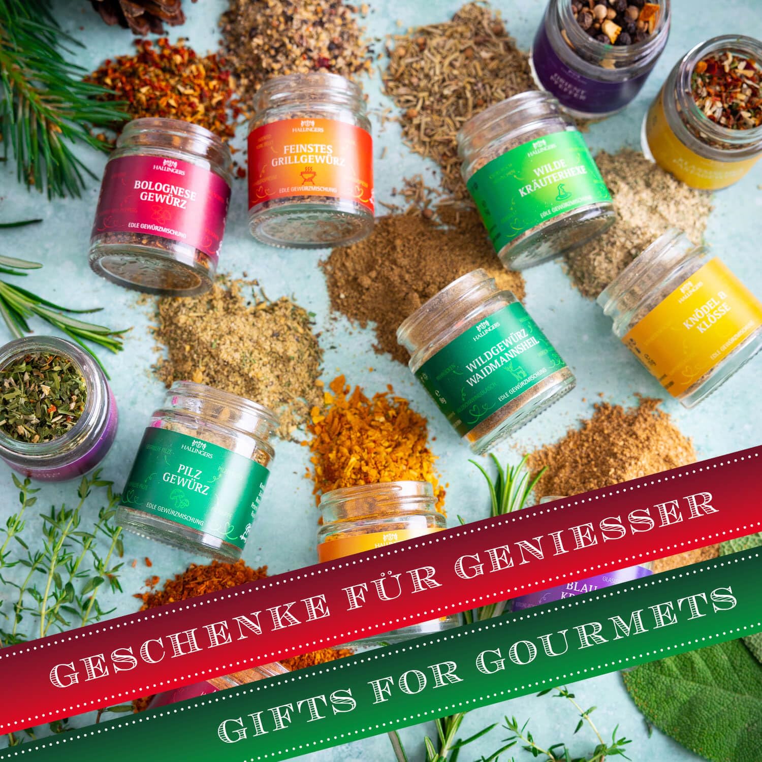 Hallingers Genuss Manufaktur Gewürz Weihnachts-Geschenk-Set - 12 Gewürze aus aller Welt in wertiger Geschenkbox mit Rezept-Booklet "Frohe Weihnachten", Weihnachten für Frauen Männer