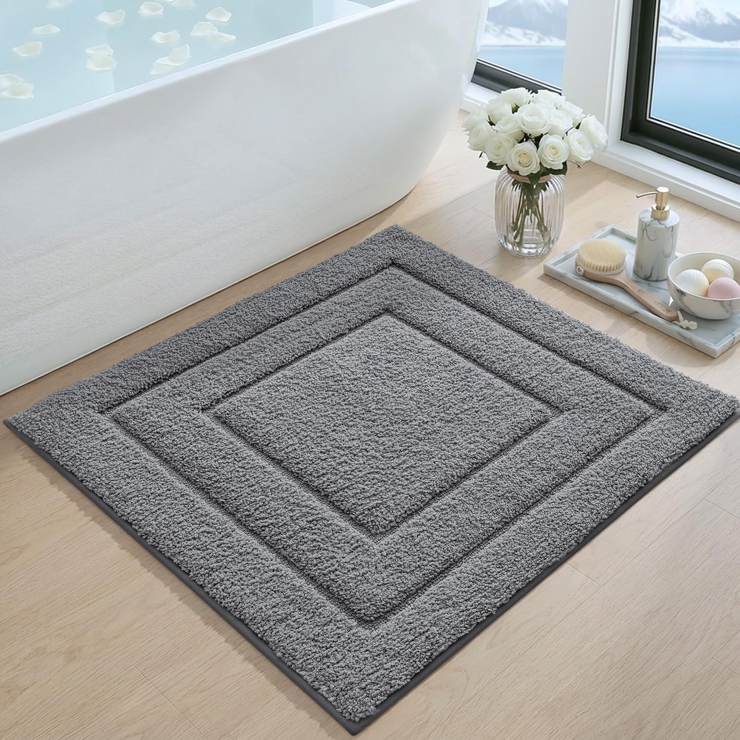 DEXI Bathroom Rug 26x26, Non Slip Washable Bath Mat for Shower Floor, Absorbent Soft Bathmat with Rubber Backing, Quick Dry Microfiber Carpet, Dark Grey