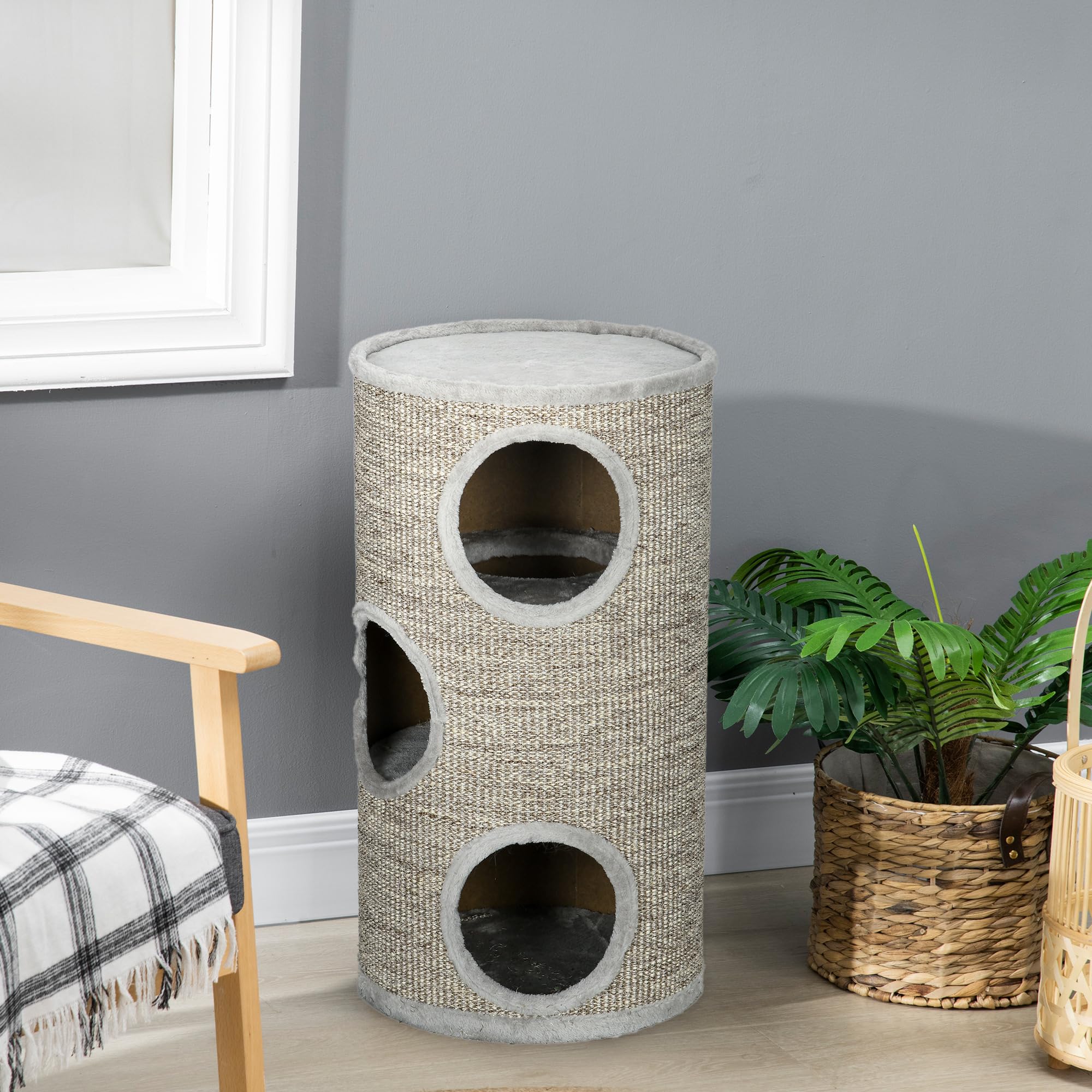 PawHut Barril Rascador para Gatos de 3 Niveles Torre Rascador para Gatos con 3 Entradas y Cubierta de Sisal Ø38x70 cm Gris Claro