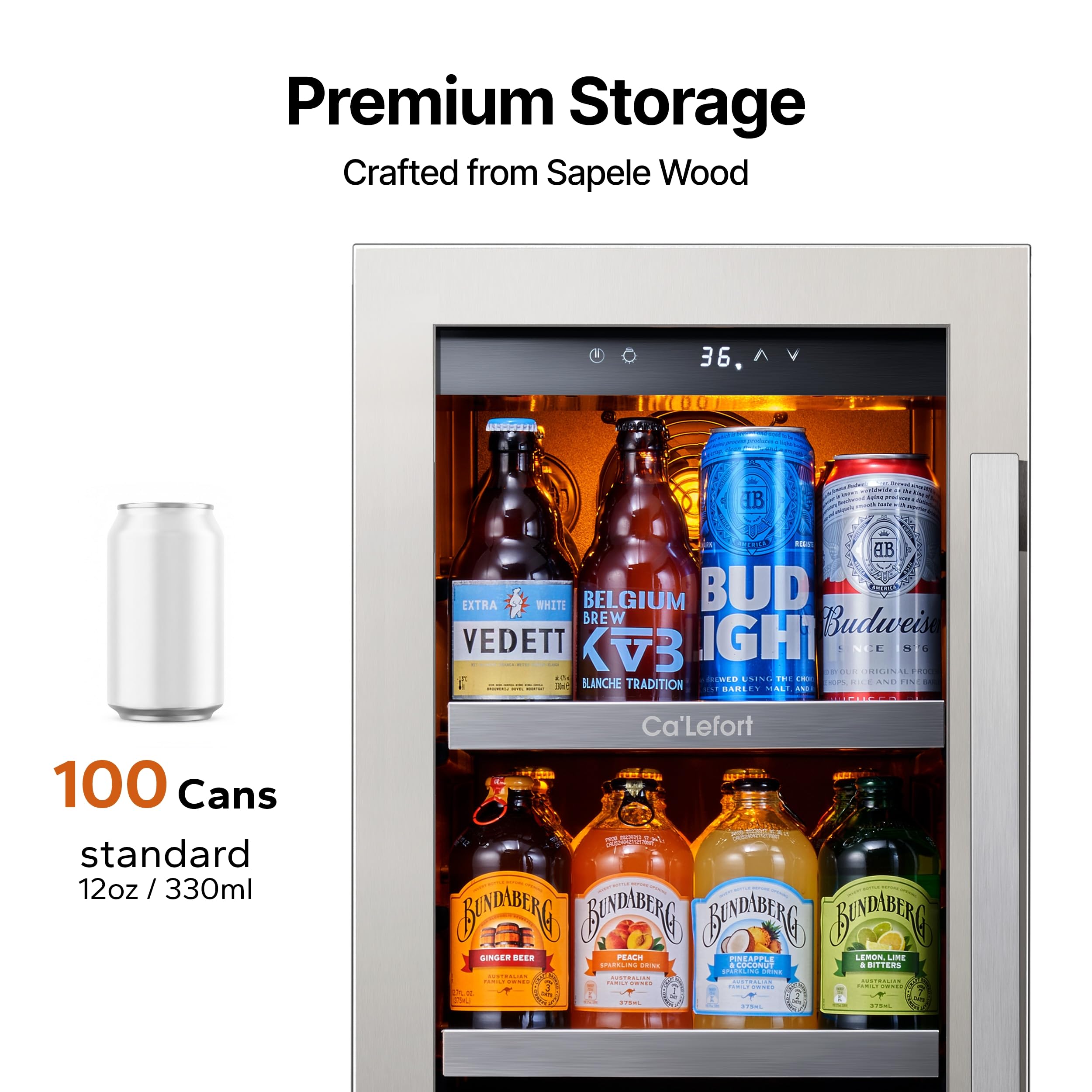 Ca'Lefort Beverage Refrigerator 15 Inch, 100 Cans Mini Fridge With Double Glass Door, Built-In Or Freestanding Drink Cooler With Amber LED Light, Beverage Fridge For Kitchen Bar Office(Left-Hinged) on Fridge.com - View 3