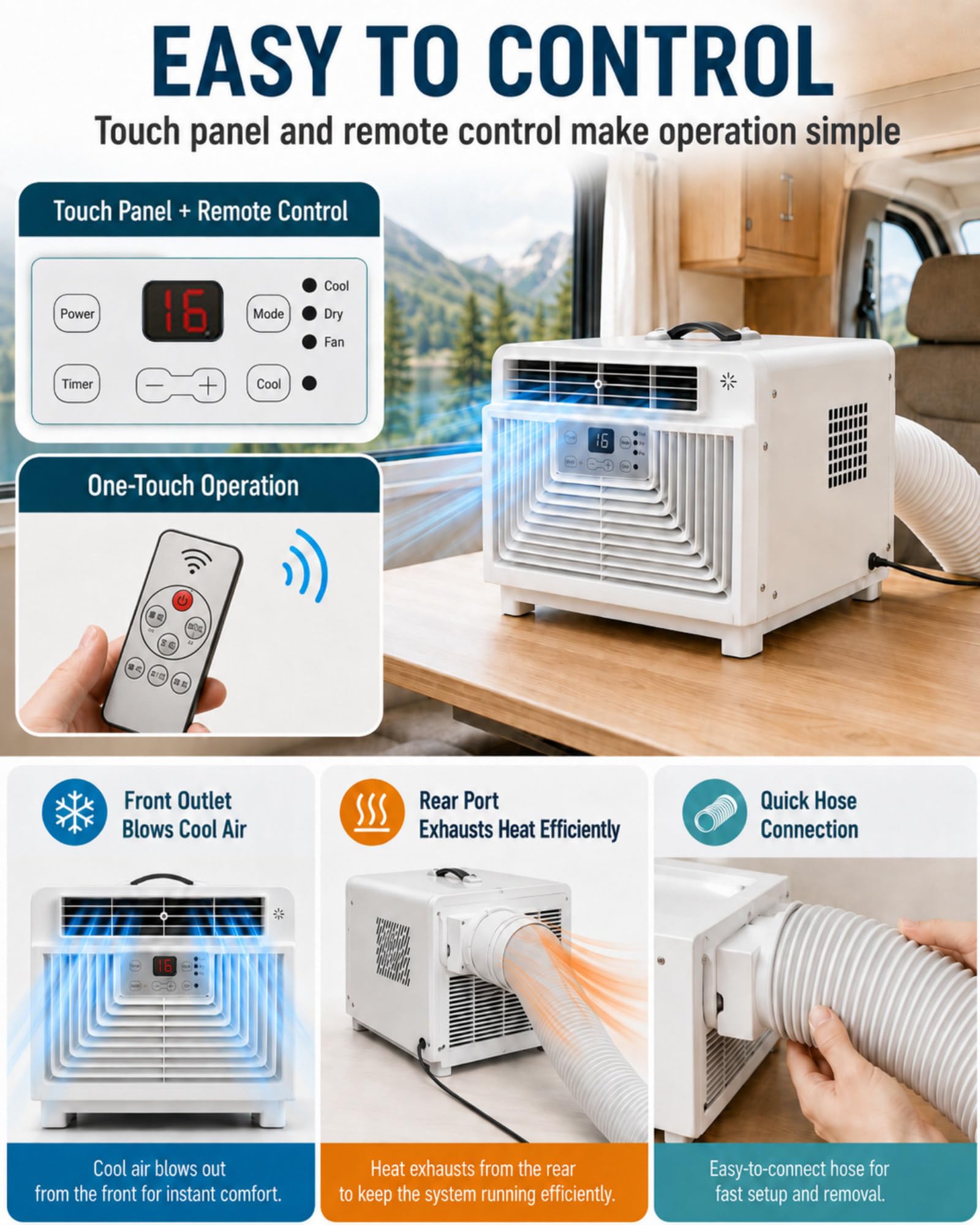 Aire Acondicionado Portátil con Tubo, Aire Acondicionado Portátil Oficina Dormitorio Mascotas, 4 Modos Frío Deshumidificador Ventilador 110V
