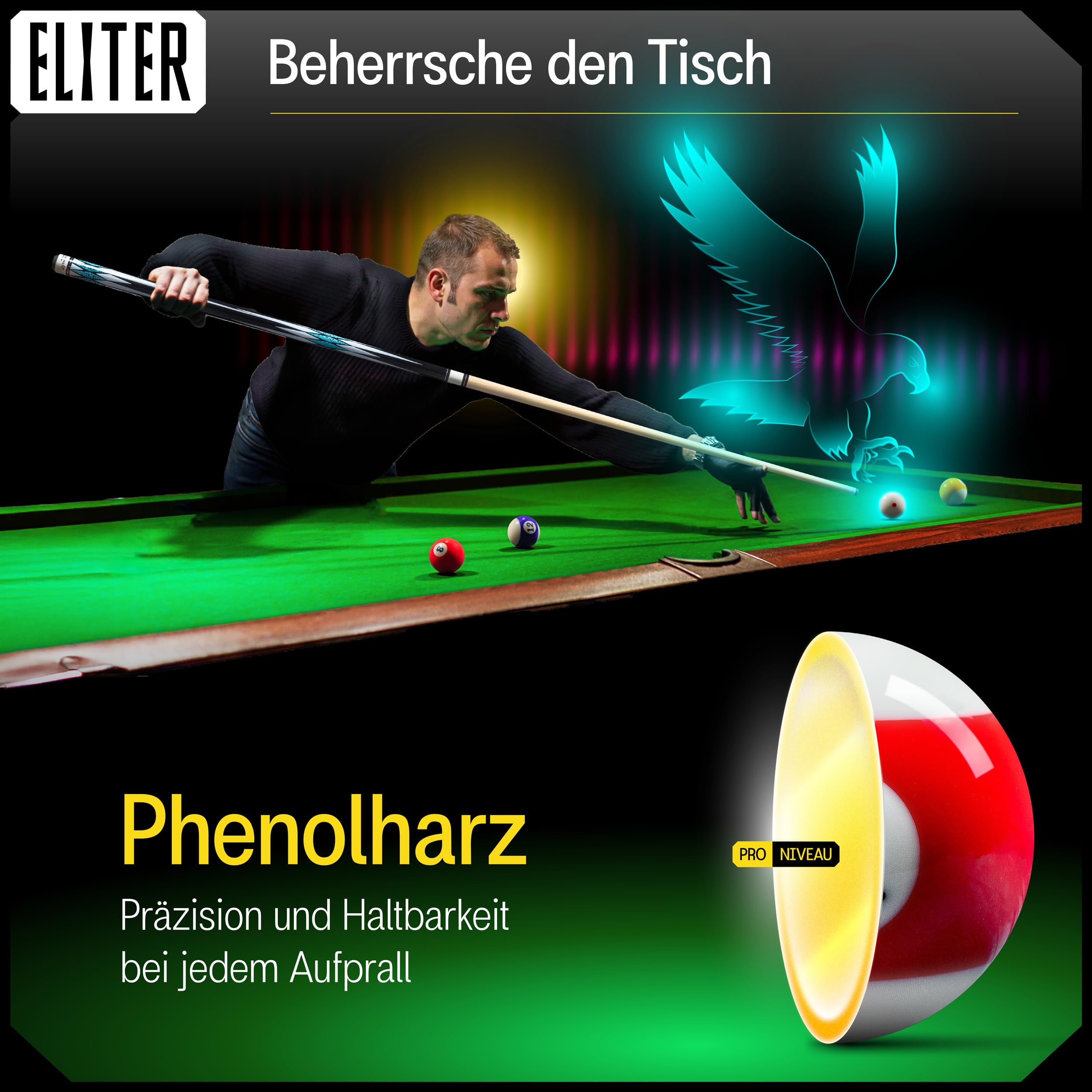 ELITER Billardkugel-Set aus Phenolharz, 16-teilig, 57,2 mm Poolbillardkugeln in Standardgröße, gleichmäßig ausbalanciert, für Indoor- und Outdoor-Billardtische