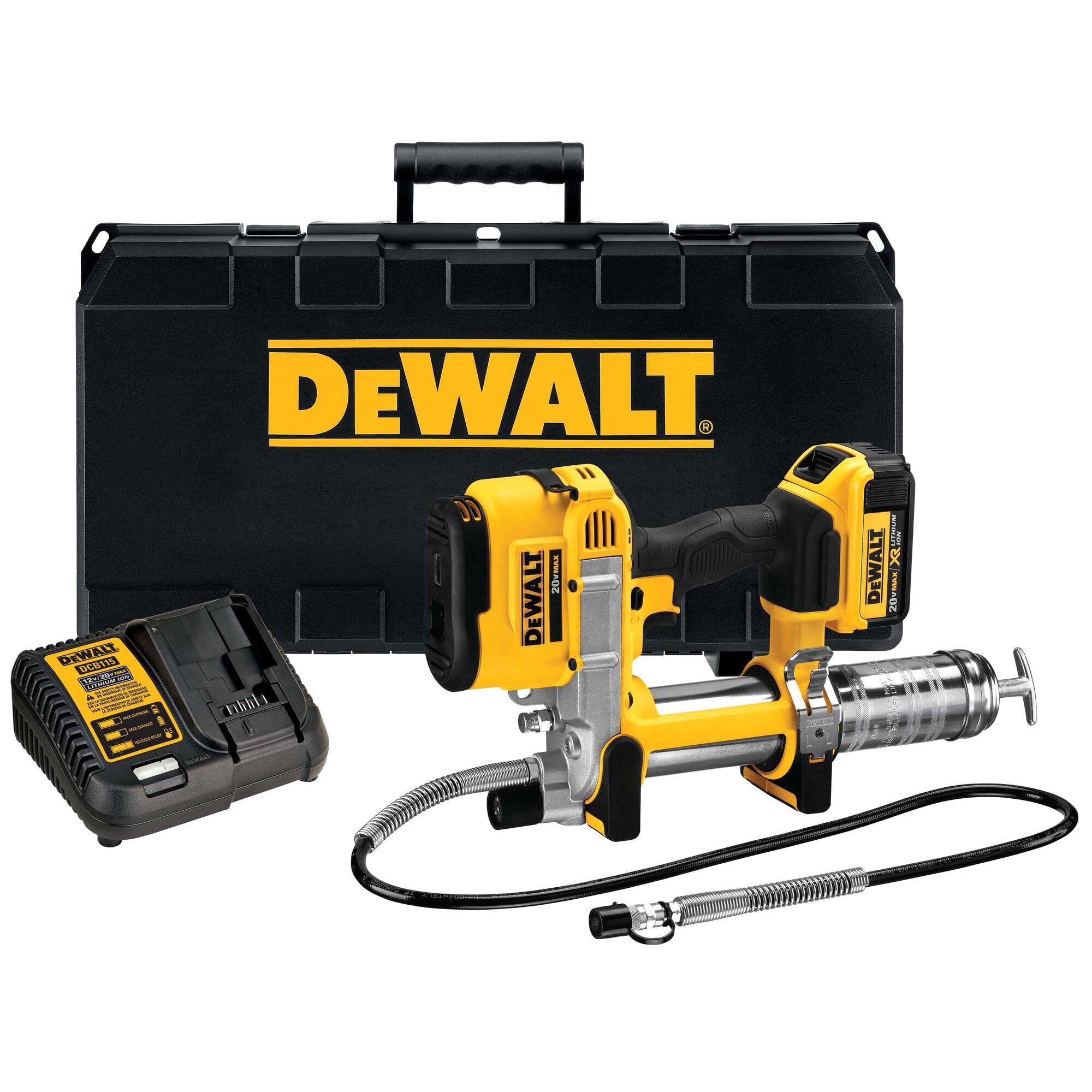 DEWALT 20V MAX Grease Gun Kit, Cordless, 42” Long Hose, 10,000 PSI, Variable Speed Triggers, Battery and Charger Included (DCGG571M1)