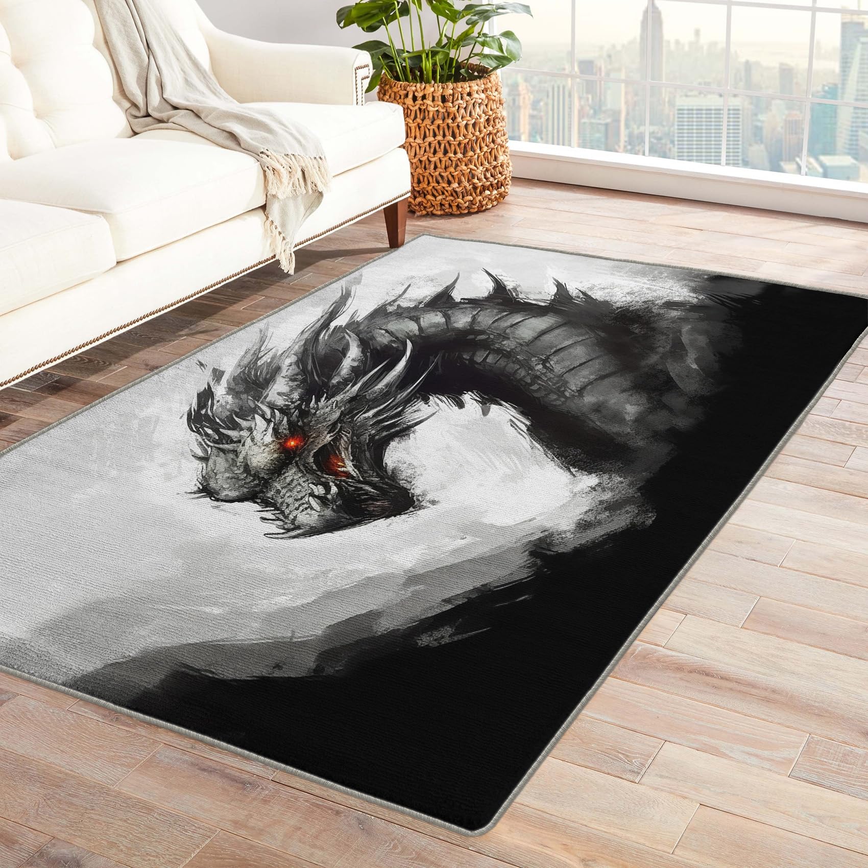 ZDABAOEC Dragon Rug 3x4, Fantasy Rugs for Bedroom Living Room Entryway, Black and White Art Area Rug, Indoor Floor Home Decor Carpet, Machine Washable