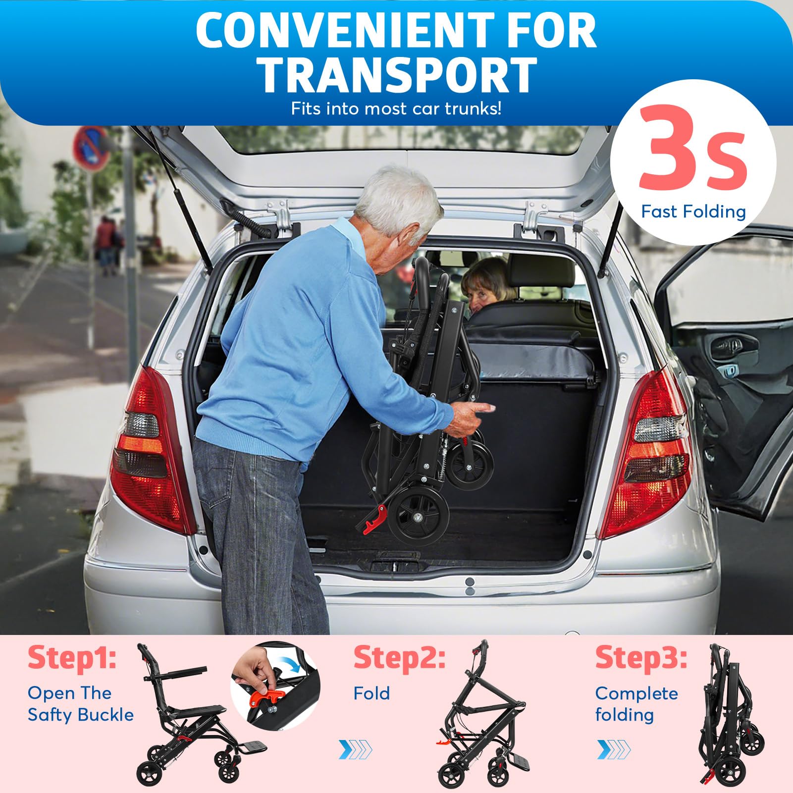 Sillas de ruedas de transporte ligeras y plegables para adultos de solo 15 libras con asa telescópica, cinturón de seguridad, sillas de ruedas portátiles de viaje para personas mayores