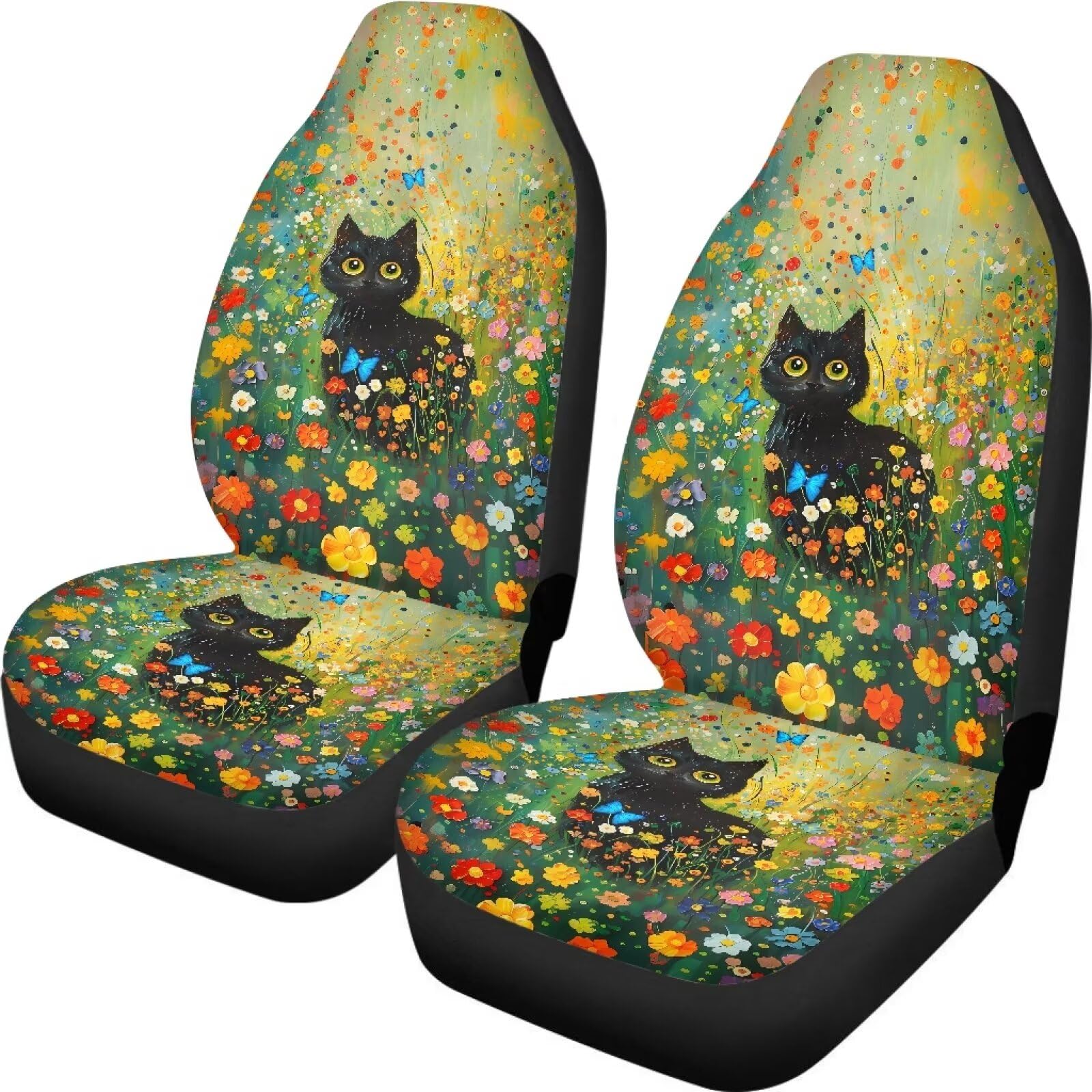 Talayituse Cat Butterfly Flower Print Car Seat Cover Front Seats Only Full Set of 2, Universal Bucket High Back Car Front Seat Covers