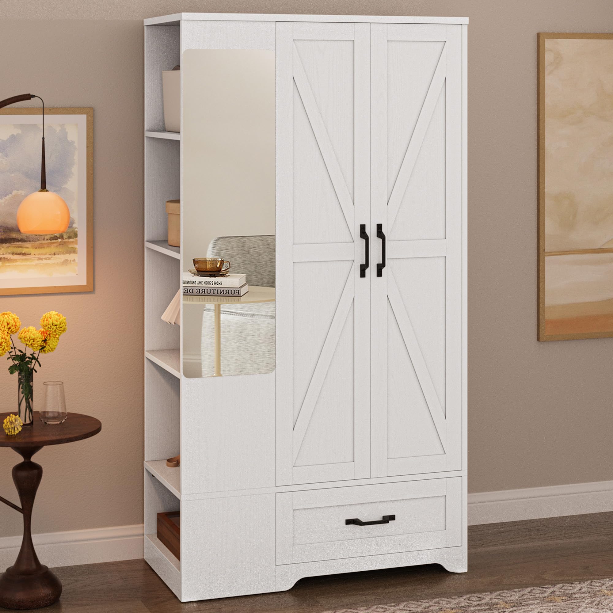 LIKIMIO 70" Tall Wardrobe Closet with Mirror, Side Shelves & Drawer, Freestanding Bedroom Armoire with Hanging Rod, X Barn Door Storage Cabinet for