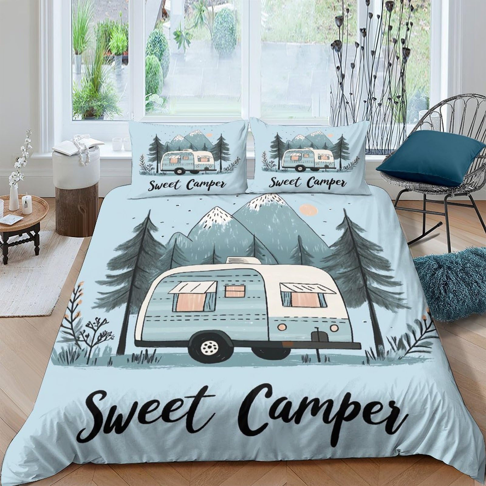 Ctjqhvkz Style-8 3D Printed Blue Camper Van Fitted Sheet Microfiber Soft Breathable Mountain Forest Bed Cover For Bedroom Dorm Decor Single（135X200cm）