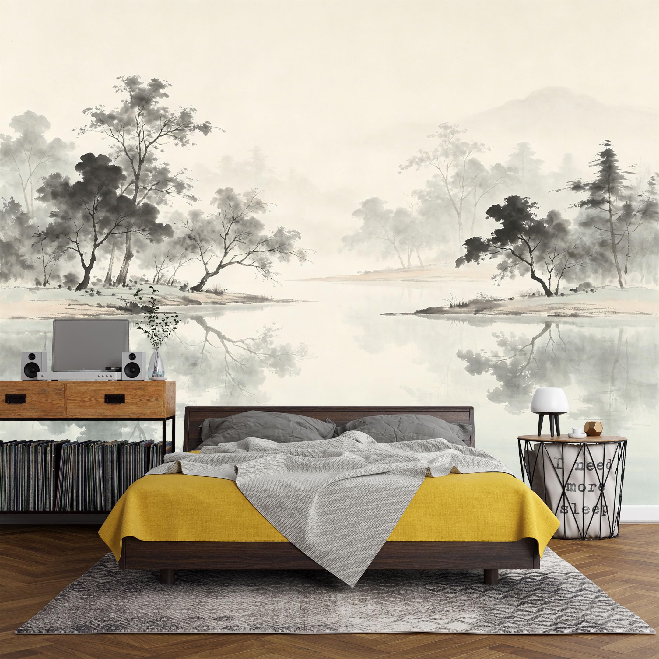 Custom Size Wall Mural， Watercolor Misty Mountain Lake Landscape Forest Serenity Art，SelfAdhesive Art Prints wall Fabric (No PVC) Removable Wallpaper Living Room Decor