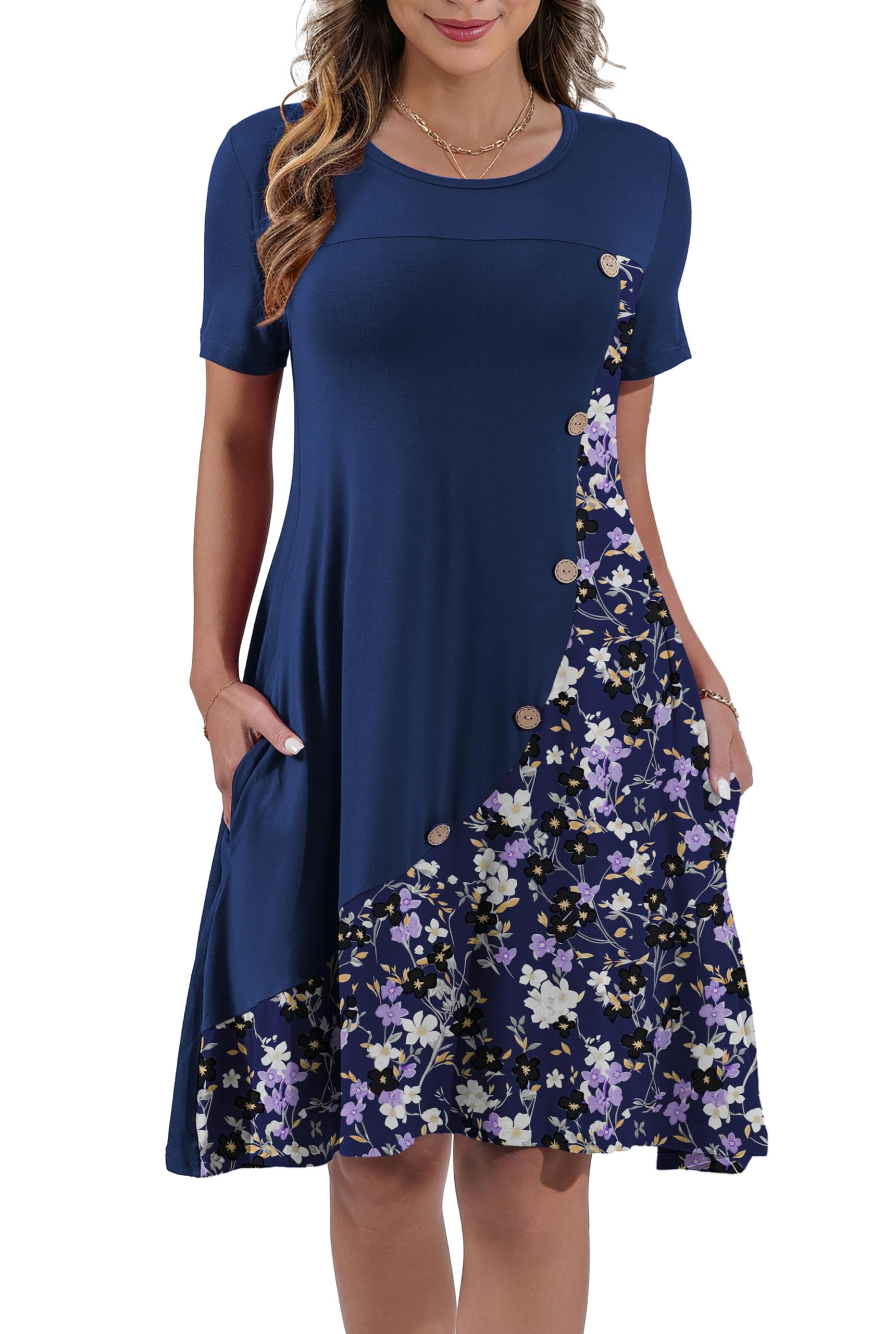 REGAI Women's Summer Casual Short Sleeve Crew Neck T Shirt Dresses Loose Swing with Pockets