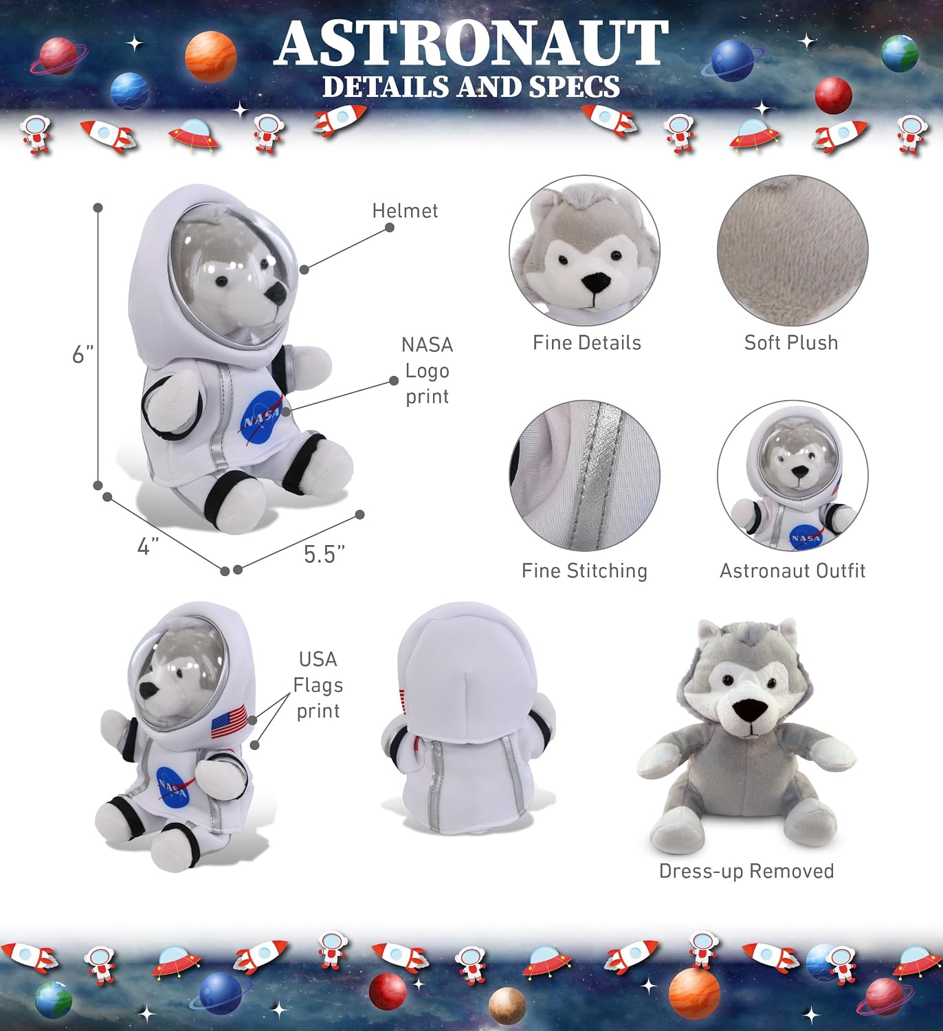 DolliBu Grey Wolf Astronaut Plush Toy – Wild Life Astronaut Stuffed Animal with Space Helmet and NASA Astronaut Suit, Spaceman Doll Decor for Girls and Boys with Personalization - 6 Inches