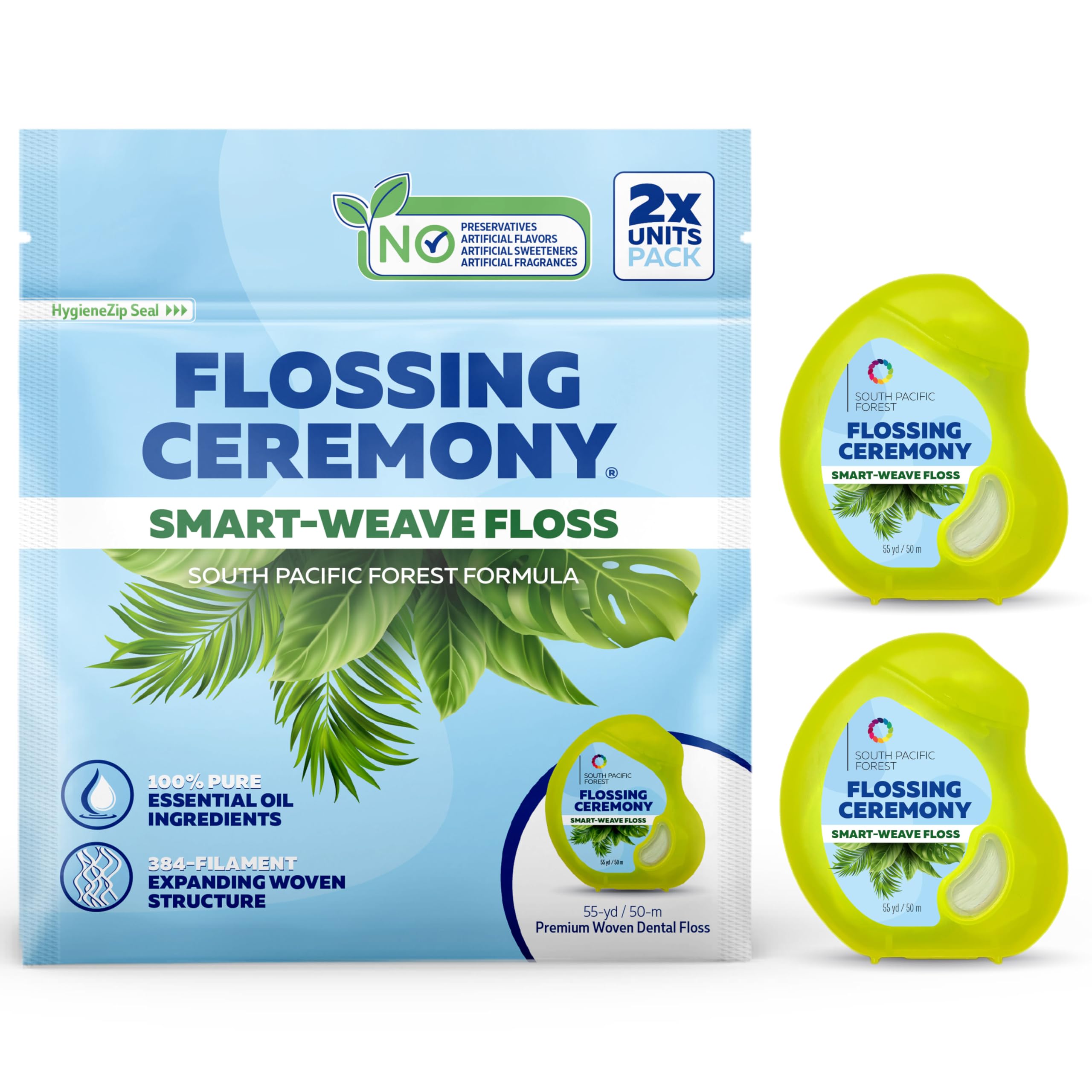 FlossingCeremony | Consumable Woven Dental Floss | SmartWeave Floss | Vegan | Natural | Non-Toxic & PFAS Free | Eucalyptus & Manuka | Hilo Dpara Dientes | 200 Day Pack (55 Yards x 2 Units)