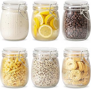 ComSaf 25oz Fluted Glass Mason Jars - Set of 6 Vintage Canisters with Ai...