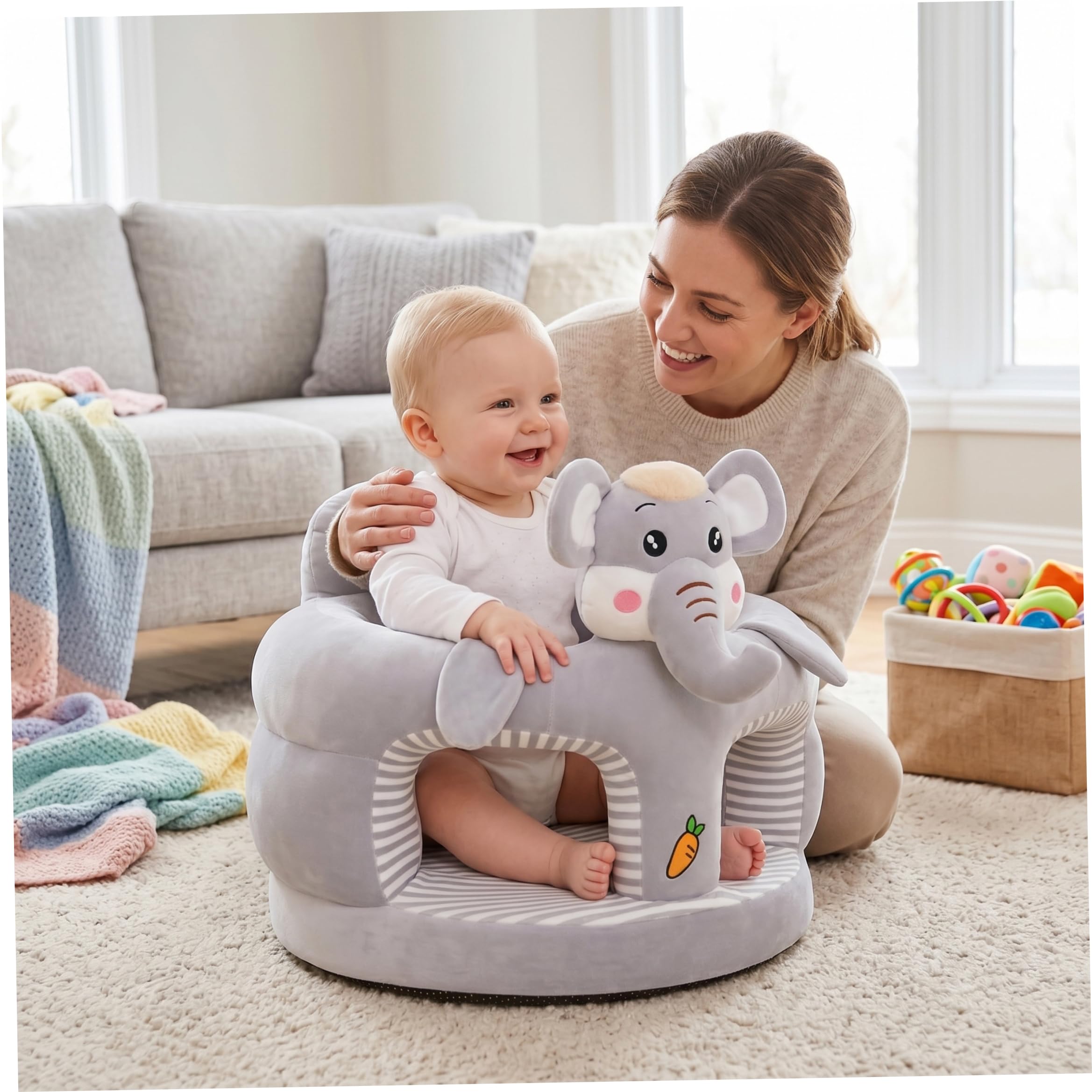 Baby Sit Up Stuhl niedlicher Cartoon Plüsch Sit Me Up Bodensitz für Babys weiche hautfreundliche Sitzunterstützung Grau