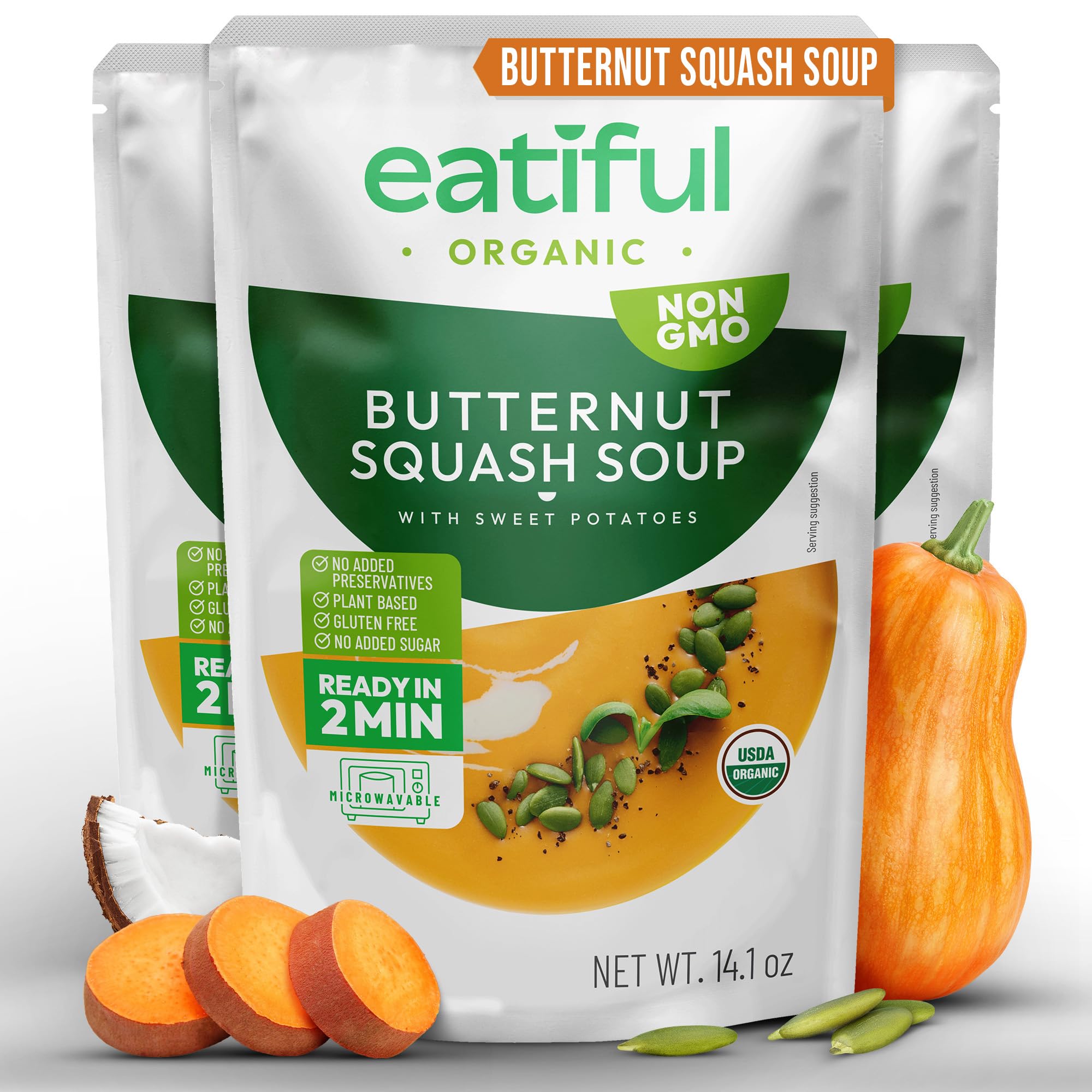 EATIFUL Sopa de Calabaza Moscada, Deliciosa Sopa de Calabaza Moscada Lista Para Comer con Boniatos, Elaborada con Verduras Ecológicas, de Origen Vegetal, sin Gluten y OMG, 400g (Paquete De 3)