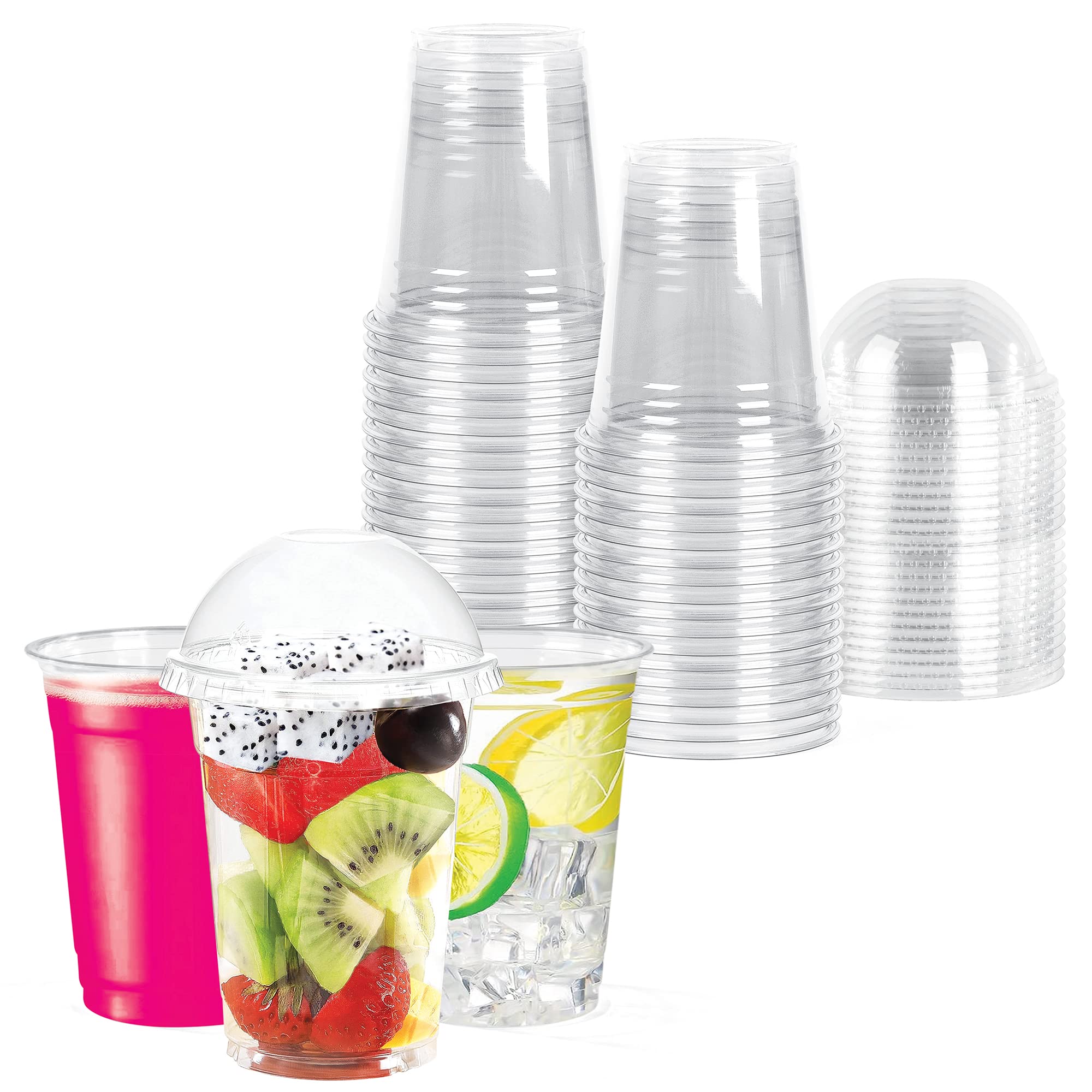 Khaleej Pack Plastic Cups With Dome Lids â€“ 50 Cups 14oz Clear Plastic Cups Milkshake Cups With Dome Lids with Tight Lid Grip PET Crystal Clear BPA Free Smoothie Cups Khaleej Pack