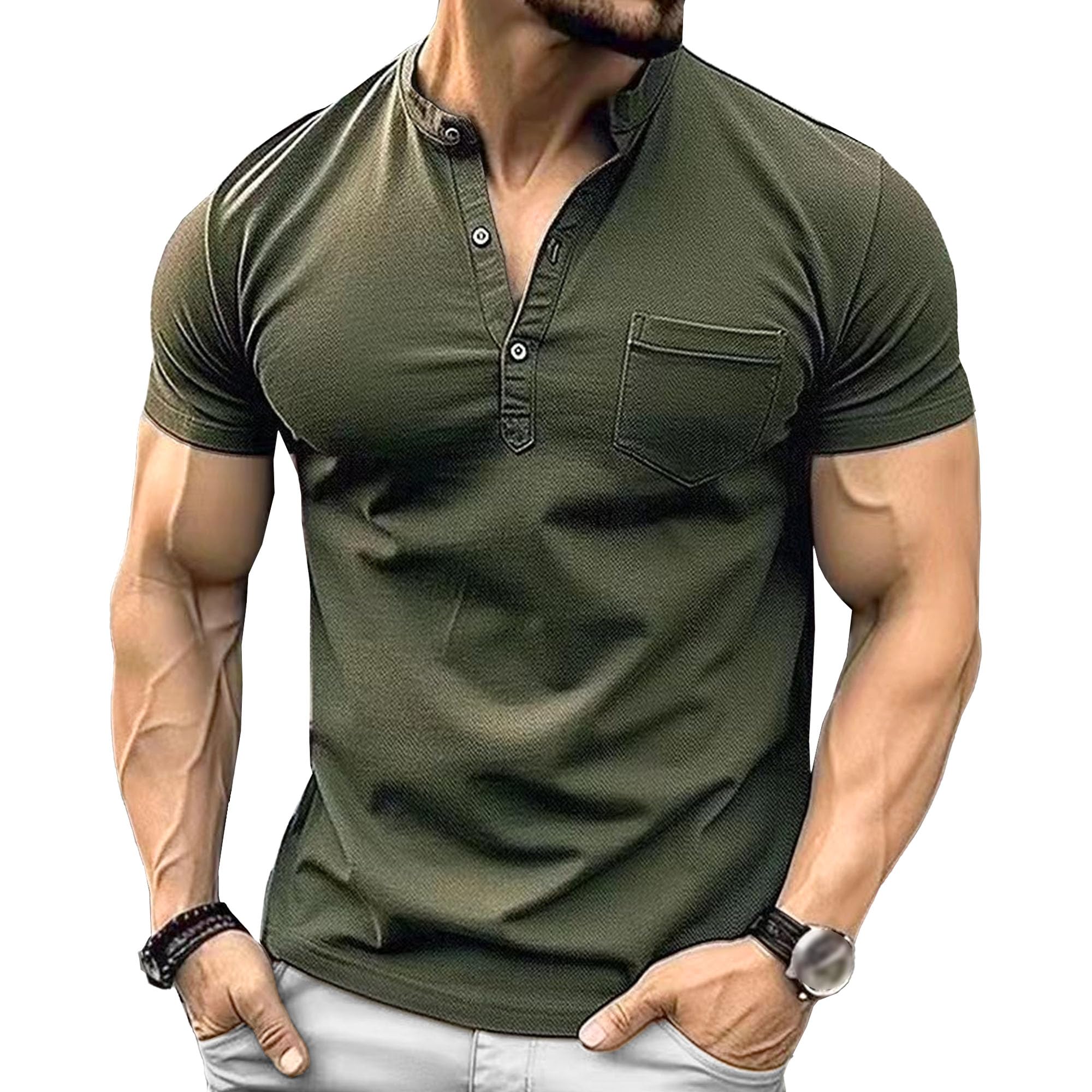 Men Business Casual Polo Shirt Quarter Button Pocket Slim Outdoor T Shirts Summer Solid Short Sleeve Street Tops (Navy Green,Small)