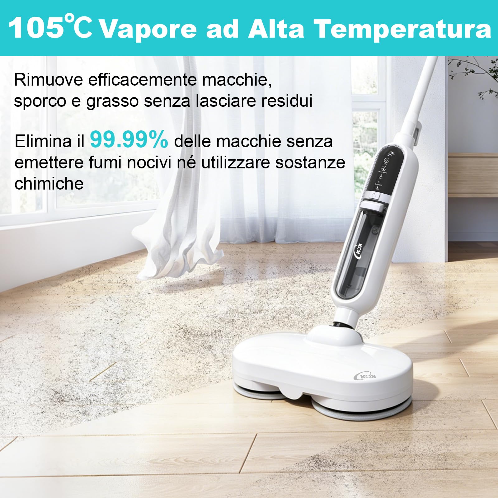 KOK 10-in-1 Scopa a Vapore, Mop a Vapore con Funzione Rotante, Vapore ad alta temperatura, 500 ml Capacità, 15 Accessori, 10 secondi Riscaldamento, per camere da letto, cucine e soggiorni