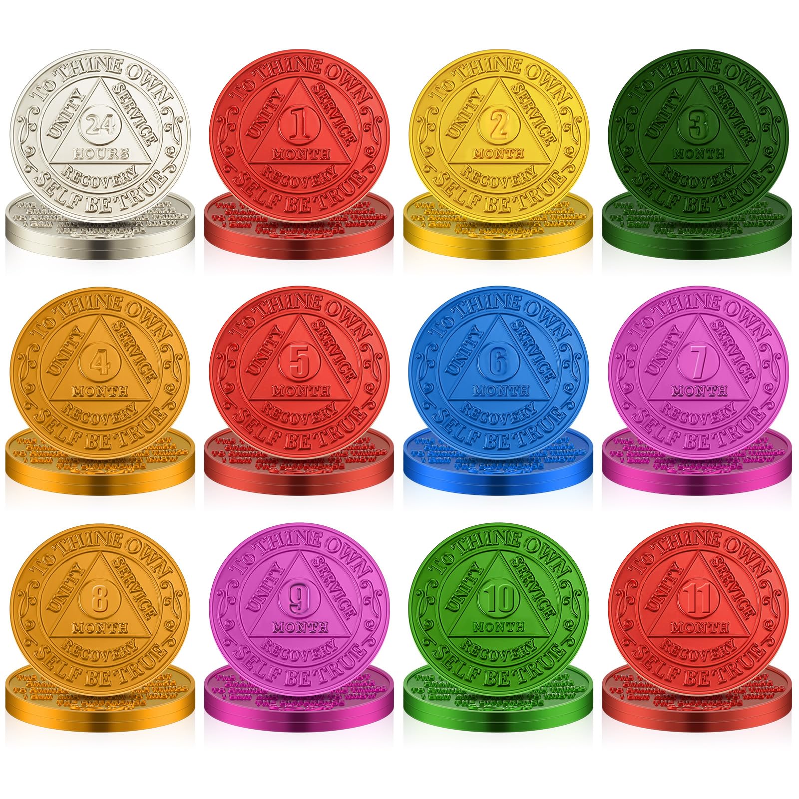 Siifert 36 Pcs Recovery AA Chips Bulk Sobriety Coins Monthly AA Medallions for Aluminum Tokens Include 1 2 3 4 5 6 7 8 9 10 11 Month 24 Hour Commemorative Lot Colored