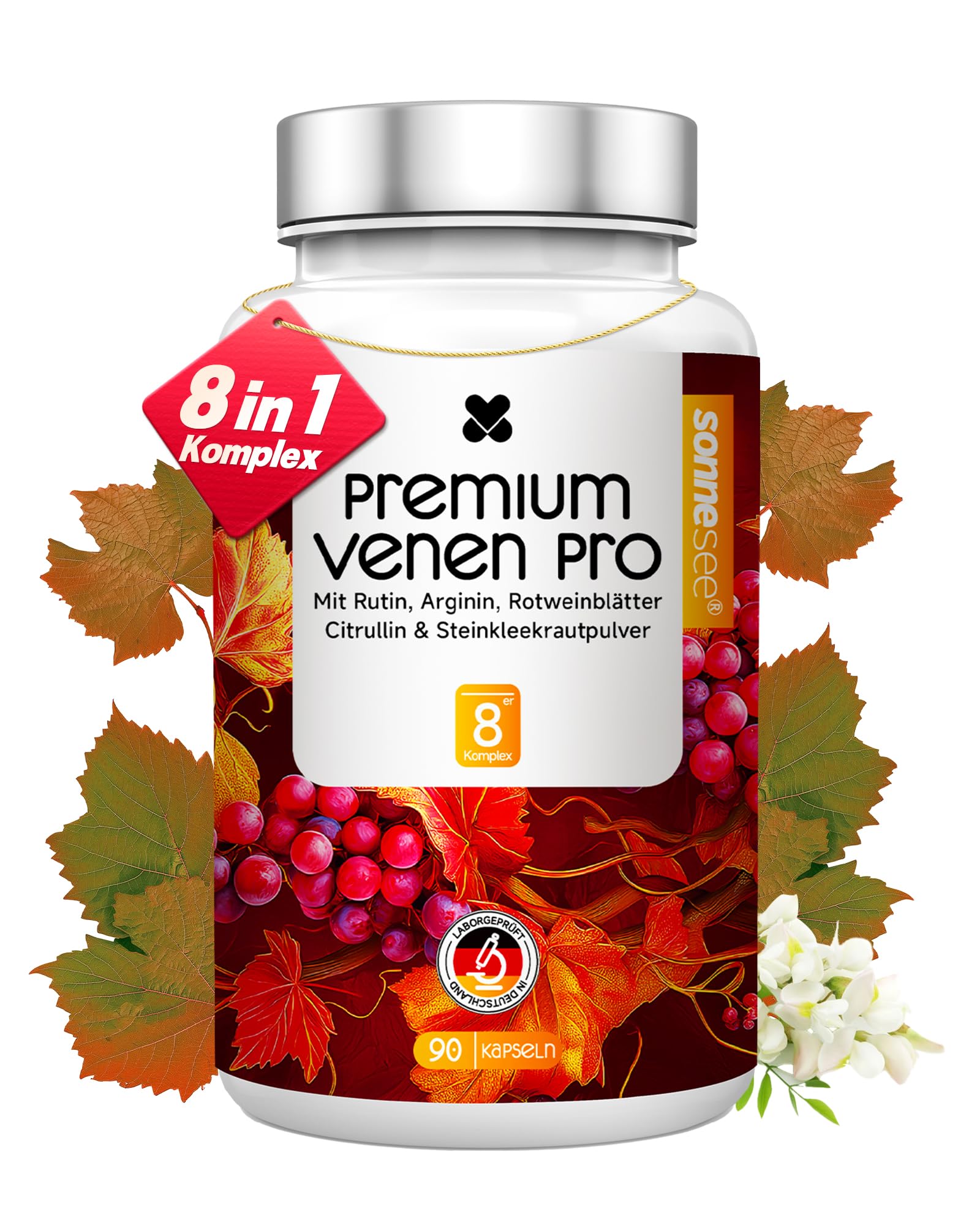 Premium Venen Komplex – 90 Vegane Kapseln – Hochdosiert: Rutin + L-Arginin + Rotweinblätter – Ideal bei langem Stehen & Sitzen – Mit Vitamin C & Kupfer – Laborgeprüft