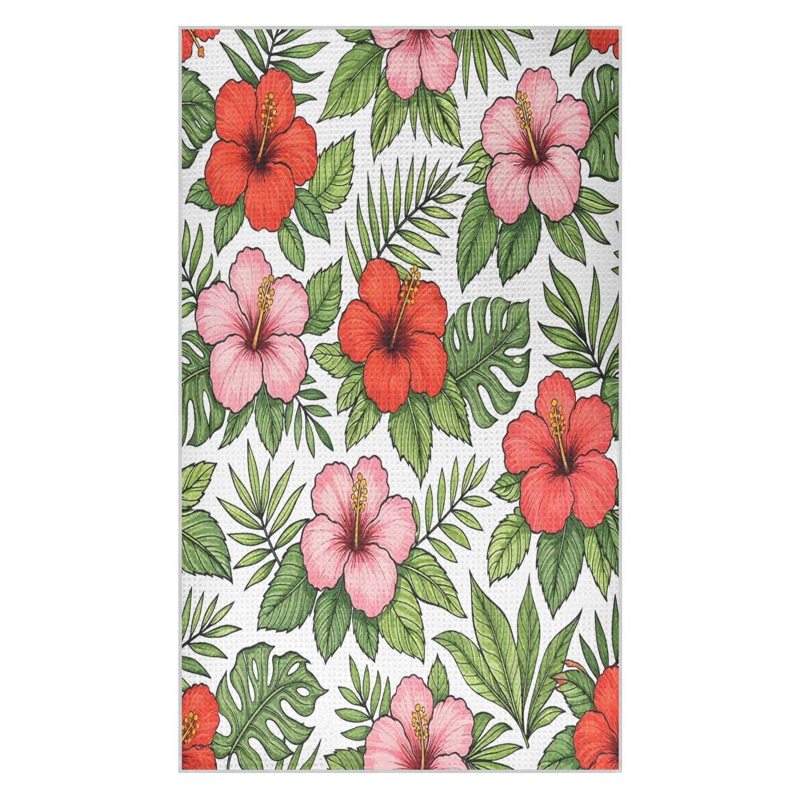 Lyeorm Tropical Hibiscus Flower Waffle Weave Kitchen Towels 18x30 Inch Soft Absorbent Microfiber Dish Cloths