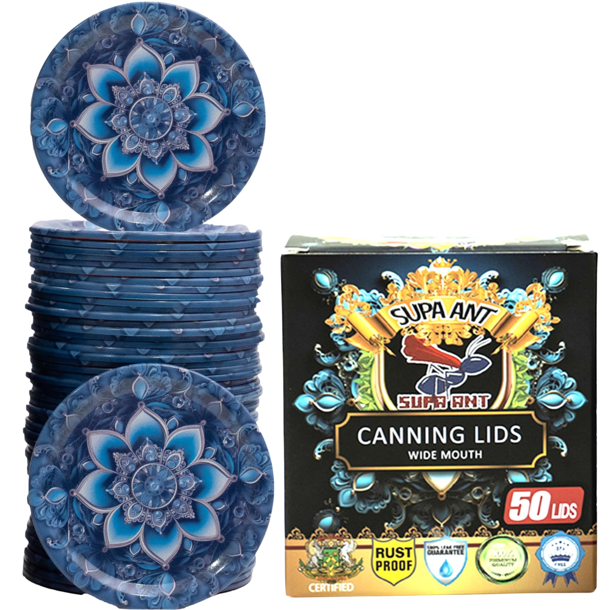 Supa Ant Thickest Canning Lids Wide Mouth (50 Pcs) Food Grade Tin Can Lids for Canned Food-Buckle Proof & Rust Proof Lid for Canning Kit for Wide