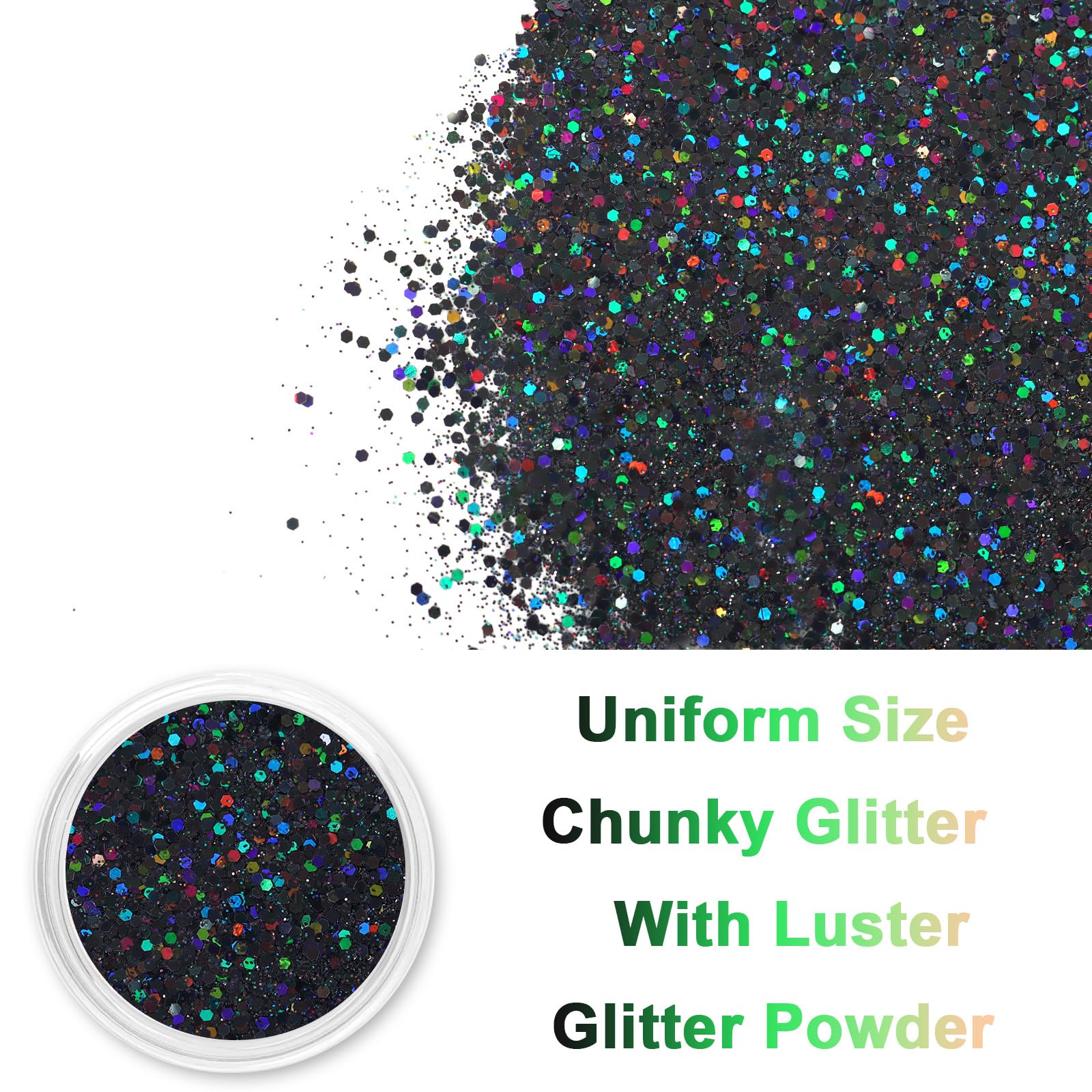Renfio Holographic Glitter Mix - 2.11oz/60g Medium Size Chunky & Ultra Fine Black Glitter Sequins for Nail Art Tumblers, Slime & Resin - Image 2