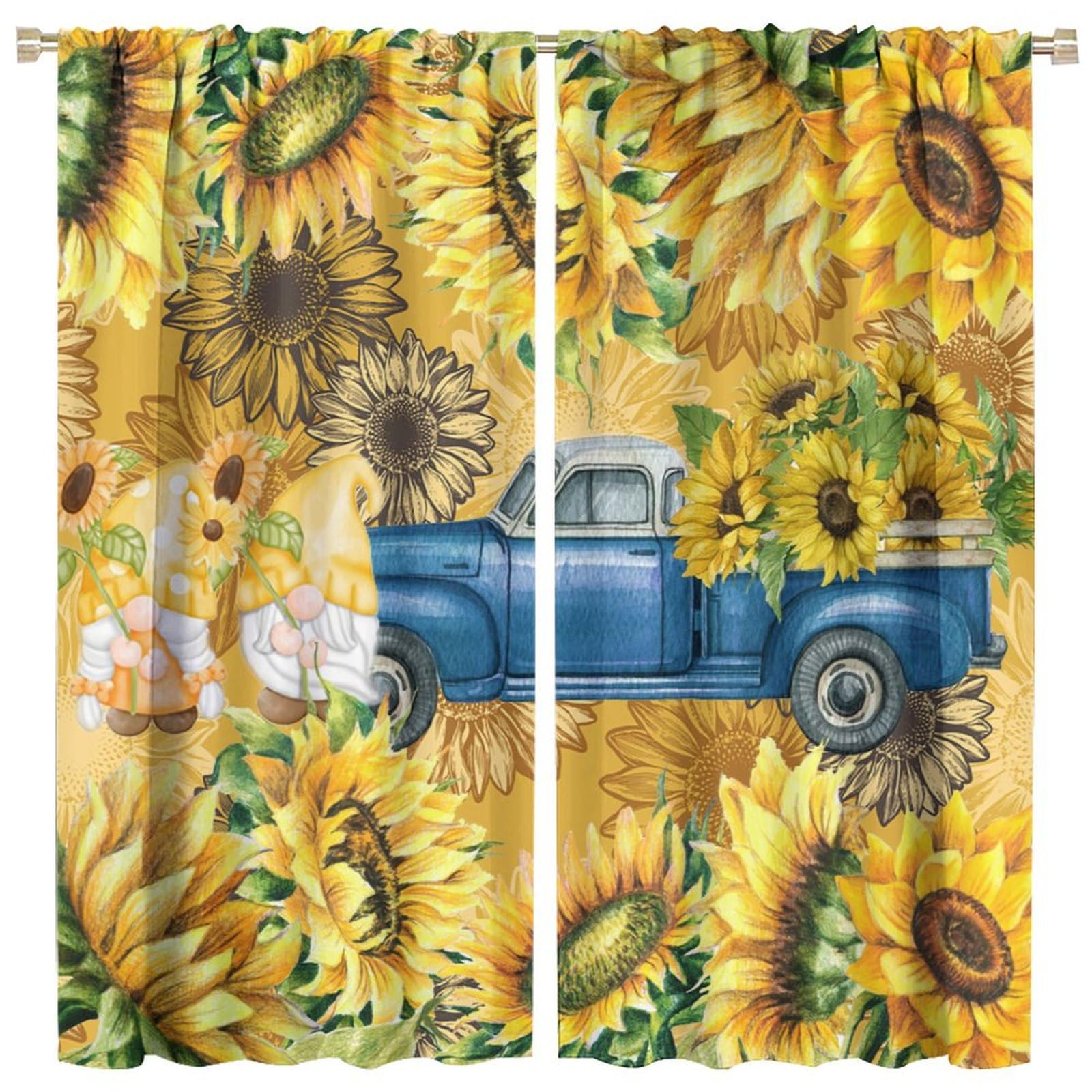 BenYaSong Sunflower Blackout Curtain Farmhouse Gnome Truck Curtain Countryside Rustic Flowers for Home Kitchen Restaurant Decoration Window Curtain 2 Panels 42x45 Inch