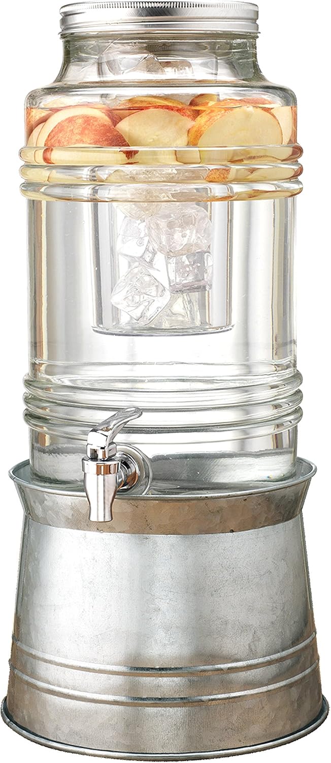 Circleware Breeze Glass Beverage Drink Dispenser with Stand Metal Base which Transforms to Metal Ice Bucket and Metal Lid + Fruit Infuser + Chrome Finished Spigot, HUGE 2.3 Gallons