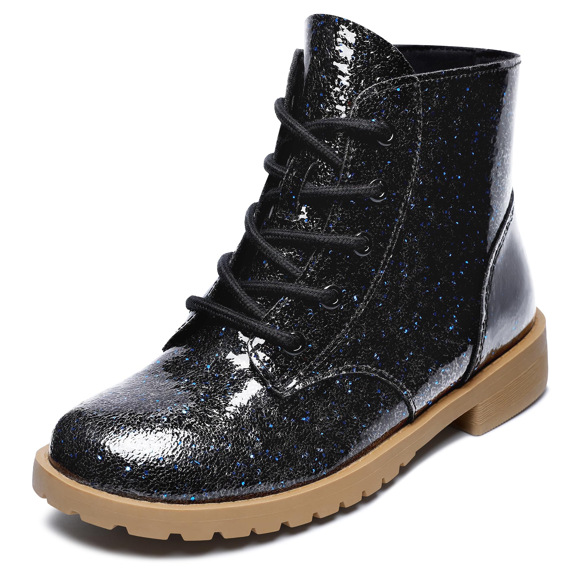 CCVON Girls Glitter Ankle Boots Side Zipper Combat Shoes with Lace Up for Toddler/Little Kid/Big Kid