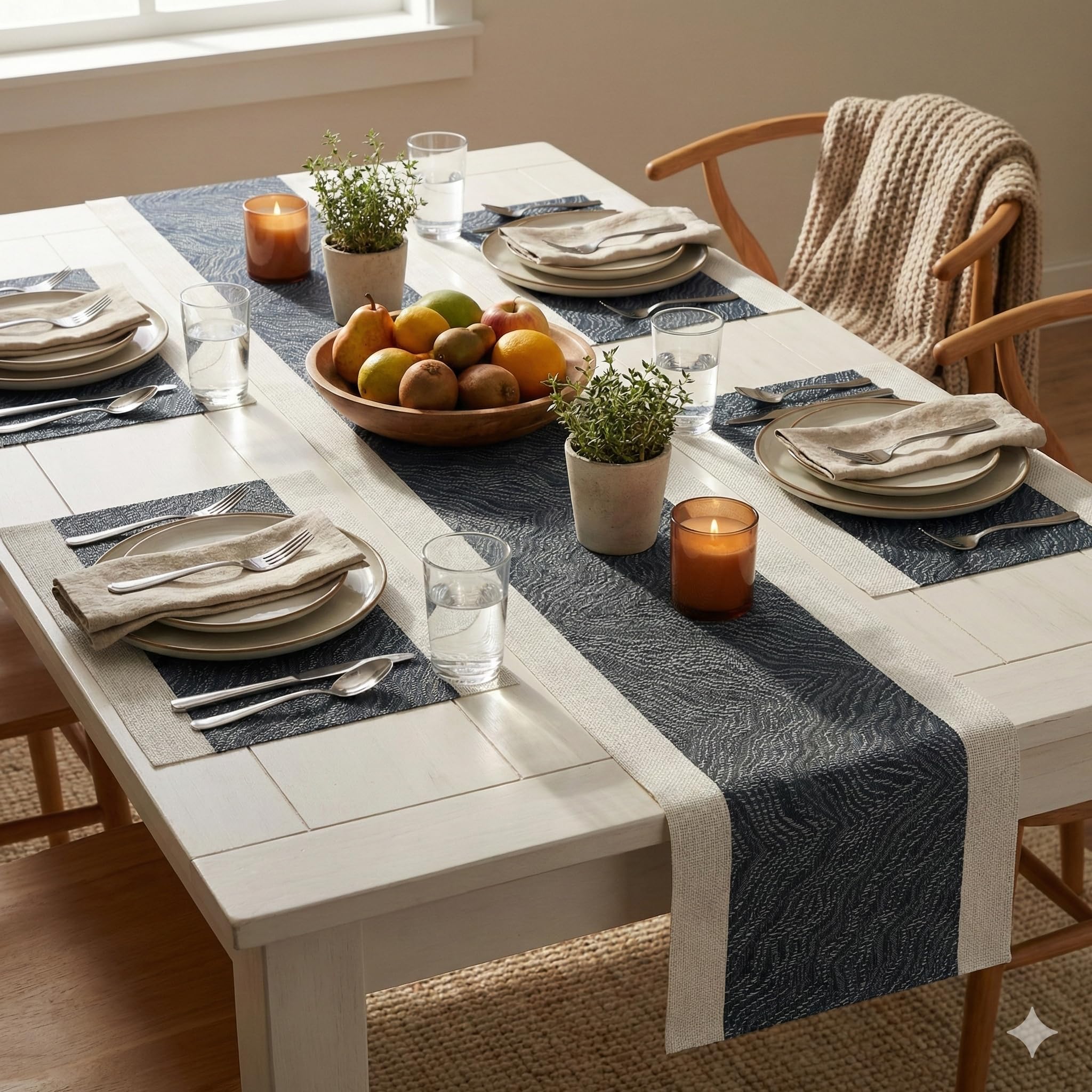 YELONA Placemats and Table Runner Set – Heat Resistant, Non-Slip & Washable PVC Vinyl Dining Table Mats – Anchor Grey (4 Placemats: 45x30 cm, 1 Runner: 180x30 cm)