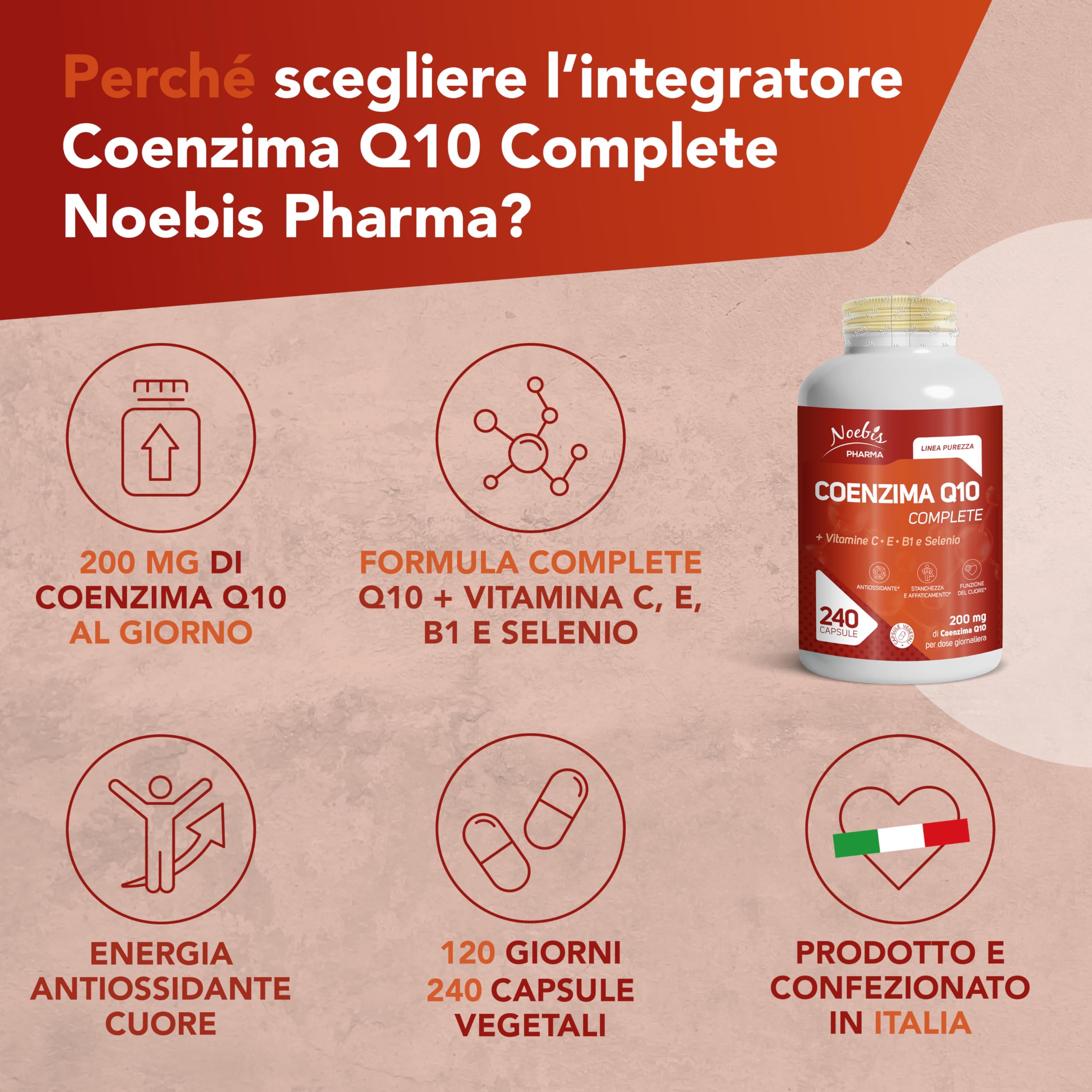 Noebis Pharma Coenzima Q10 Complete 200 mg per Dose – 480 Capsule Vegetali (2 x 240) con Vitamine C, E, B1 e Selenio – Confezione Doppia