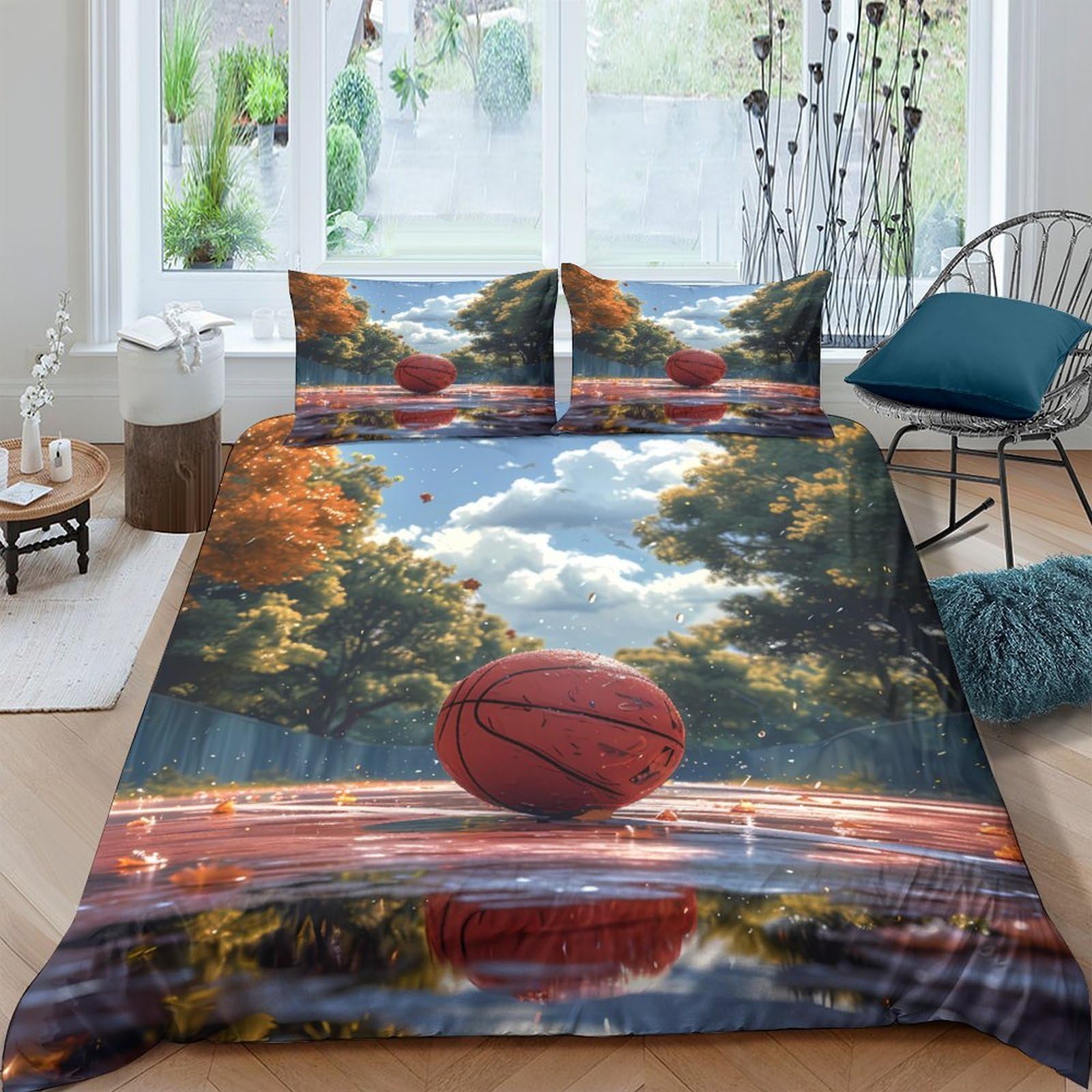 XFKLYNVCJ 3D Printed Outdoor Basketball Duvet Cover Microfiber Autumn Park Bed Cover Fade Resistant Stain Resistant for Teen Bedroom Young Adults Rental Home Bedding Use King（220x240cm）