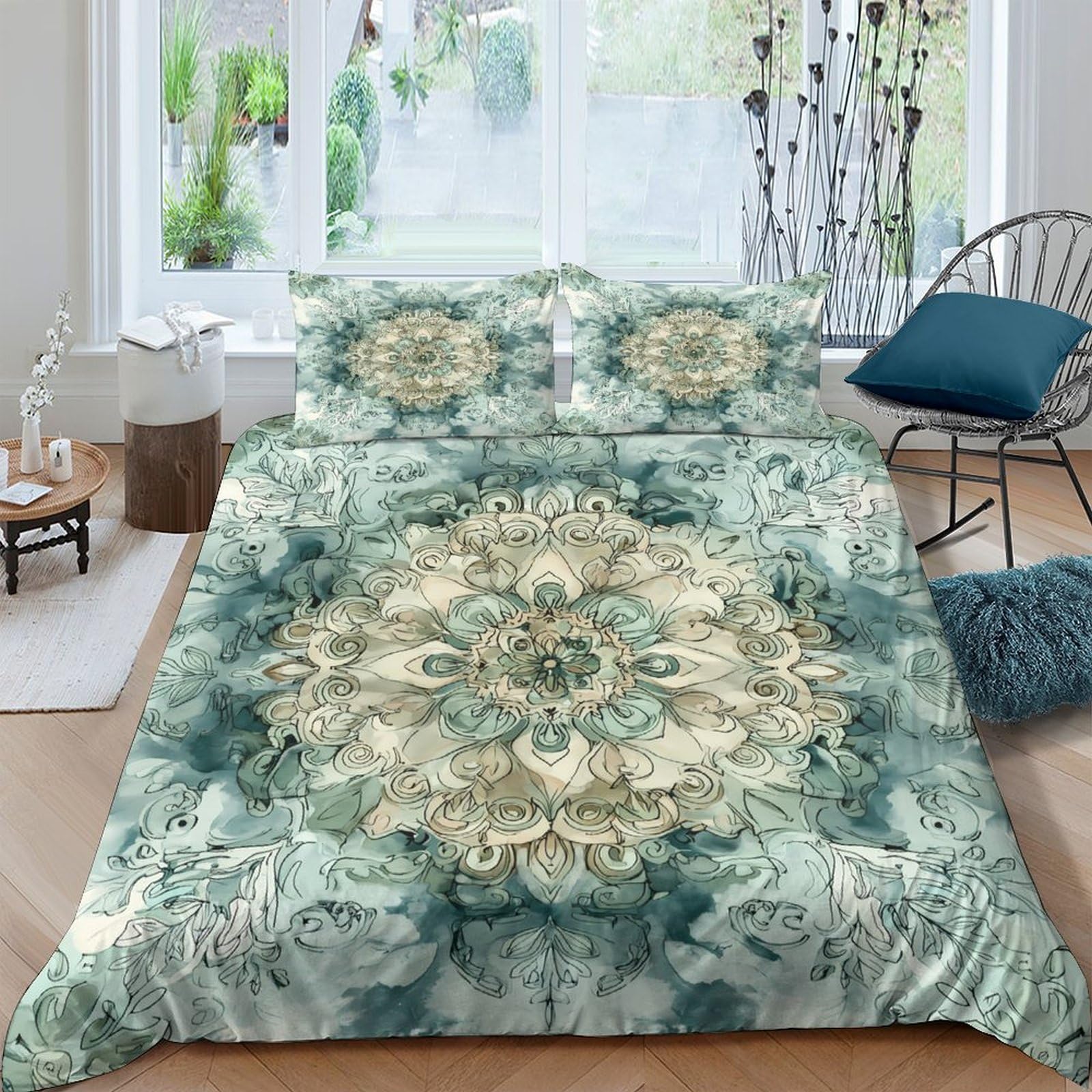 Ctjqhvkz Style-10 3D Printed Mandala Flower Fitted Sheet Microfiber Soft Green Artistic Bed Cover For Bedroom Dorm Mattress Decor Single（135X200cm）