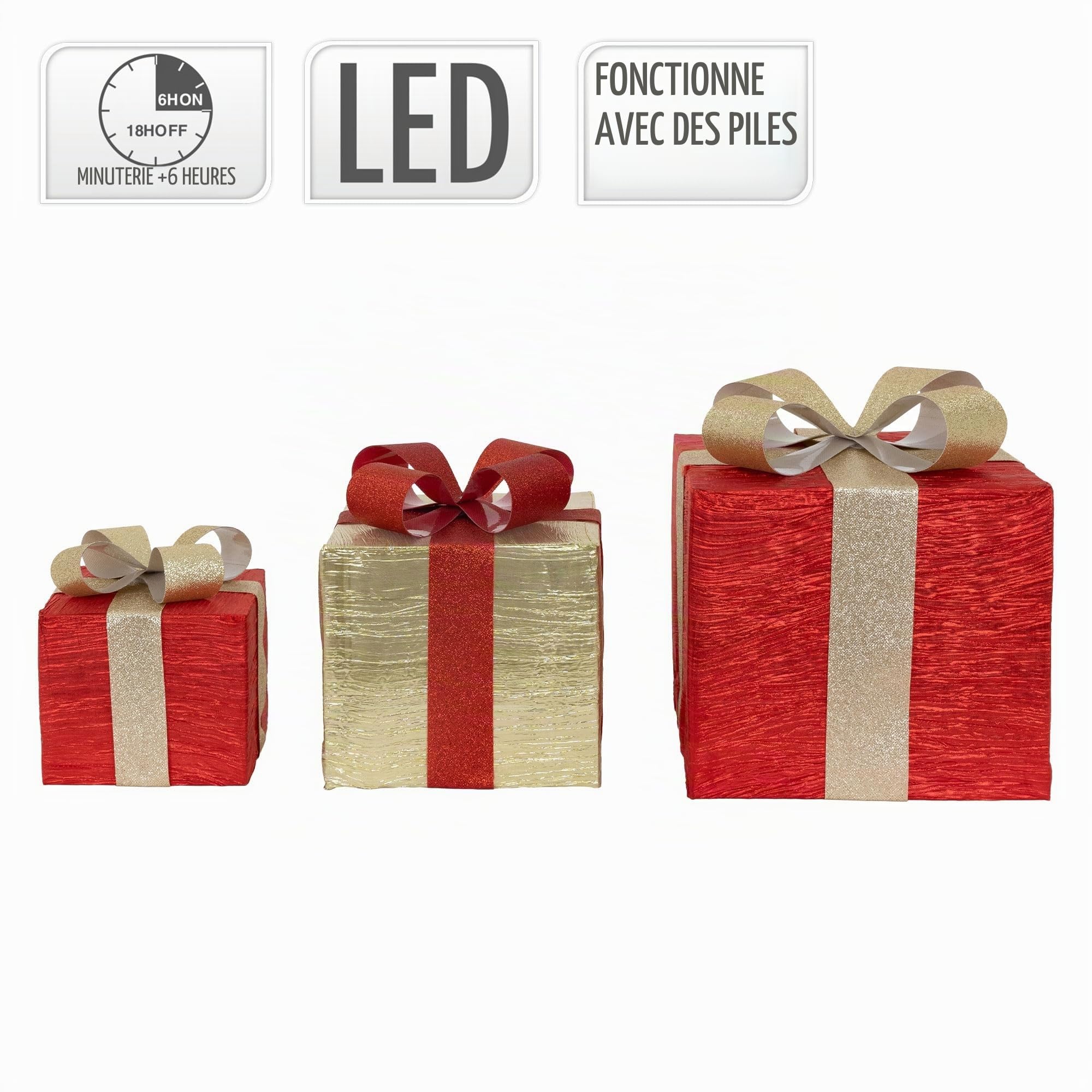 ECD Germany Set de 3 Boîtes Cadeaux LED avec 90 LED Blanc Chaud, Rouge-Or, Structure en Fil Métallique, Décoration de Noël Intérieure, Boîte Cadeau Illuminée Fonctionnant sur Piles avec Minuterie