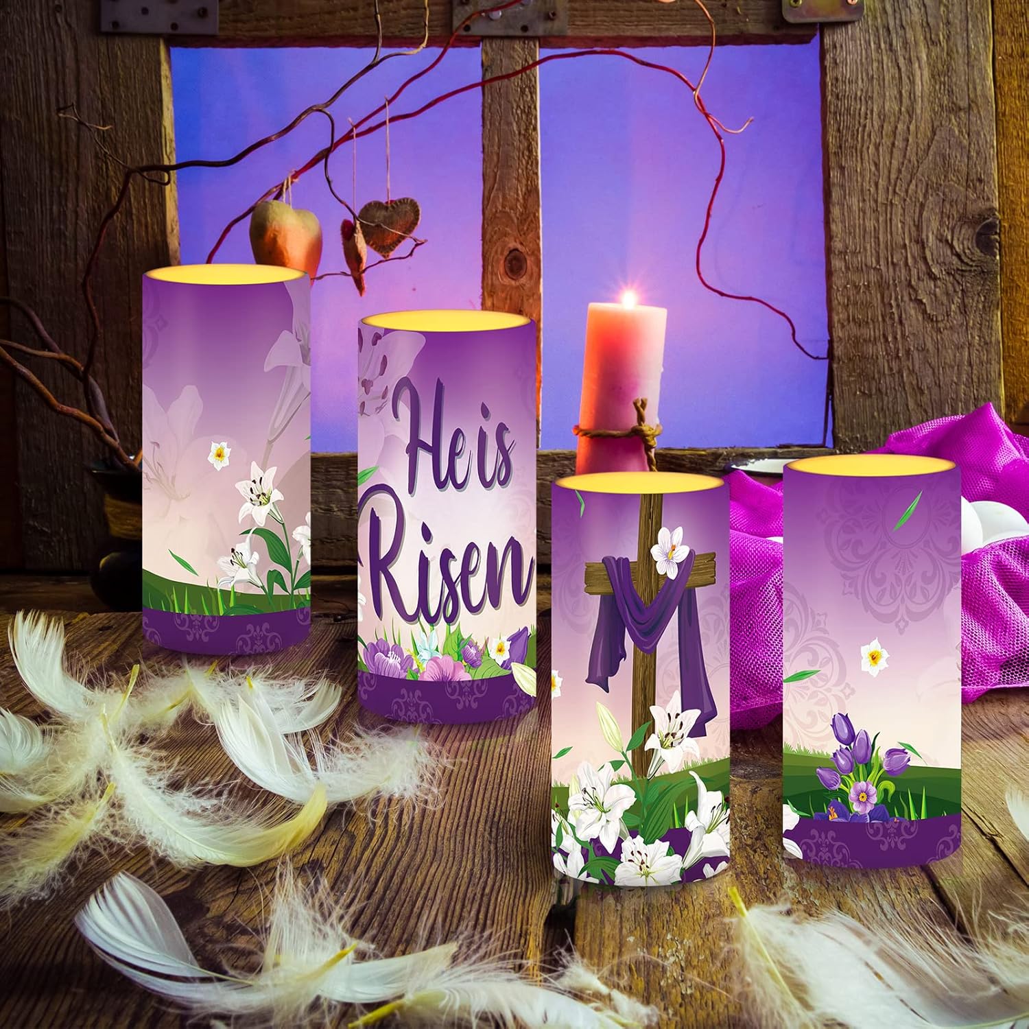 Tiamon Easter Scene Candles LED Flameless Candles Battery Operated LED Warm Light Flickering Pillar for Xmas Holiday Table Decorations (Bright)