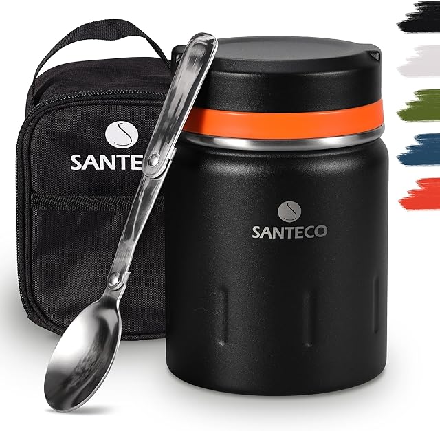 SANTECO Vacuum insulated food Flask, 500ml Double Walled Stainless Steel Food Jar Flask with BPA-free Collapsible Spoon, Insulated Leak Proof Travel Bag for School Lunch or Soup