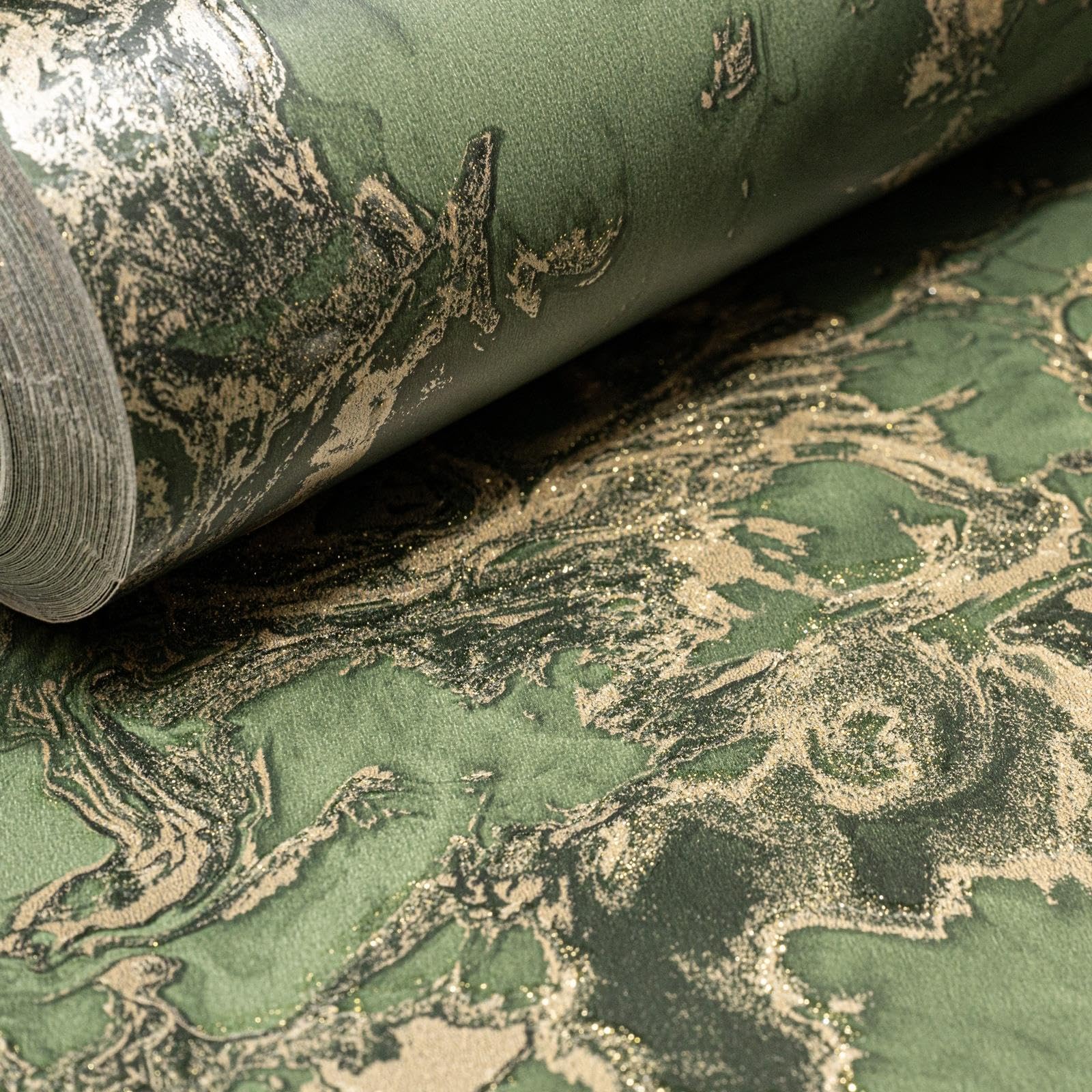 SOPHIE LAURENCE Green Sage Gold Marble Effect Wallpaper Glitter Shimmer Textured Slightly Imperfect