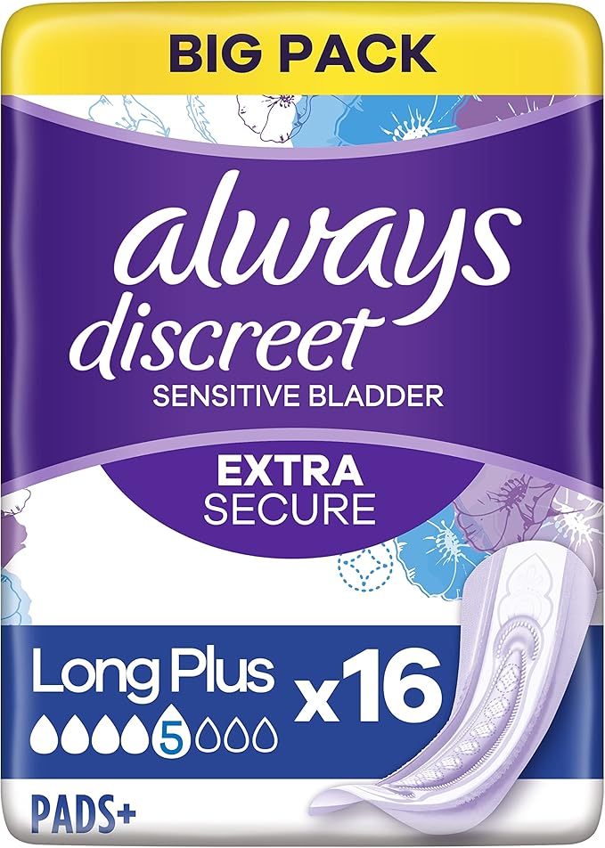 Always Discreet Incontinence Pads, Long Plus, 16 Towels, BIGGER PACK