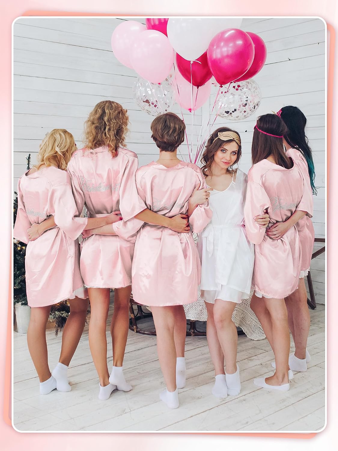 Bonuci 24 Pcs Bride Bridesmaid Robe Slipper Sets for Wedding Bridal Party Women with Robes Slippers Eye Mask Hair Scrunchies