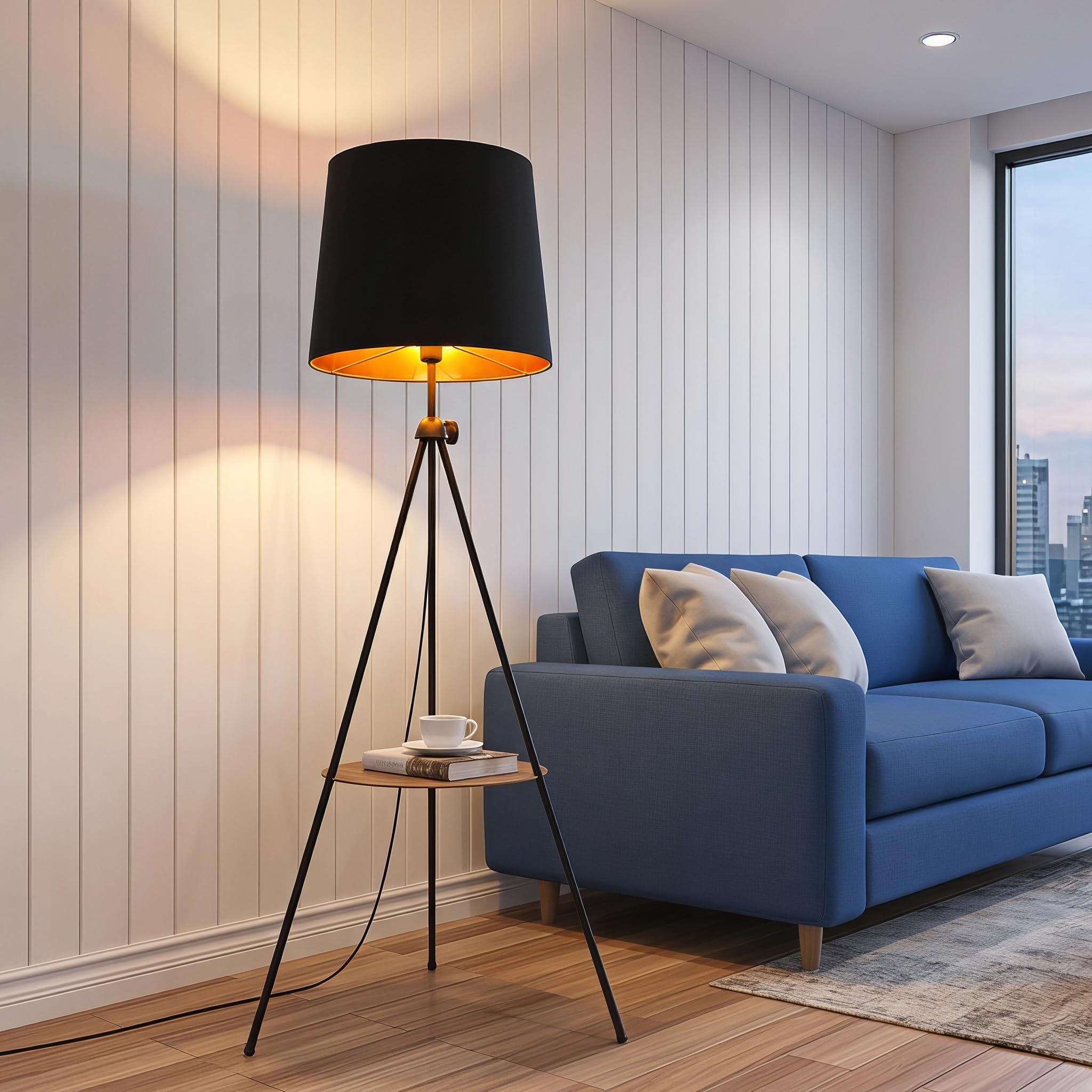 BARCELONA LED Madison Dreibein Stehlampe Mit Ablagetisch Schwarz | Holz, Textilschirm, höhenverstellbar, Ambientebeleuchtung, multifunktionales Design