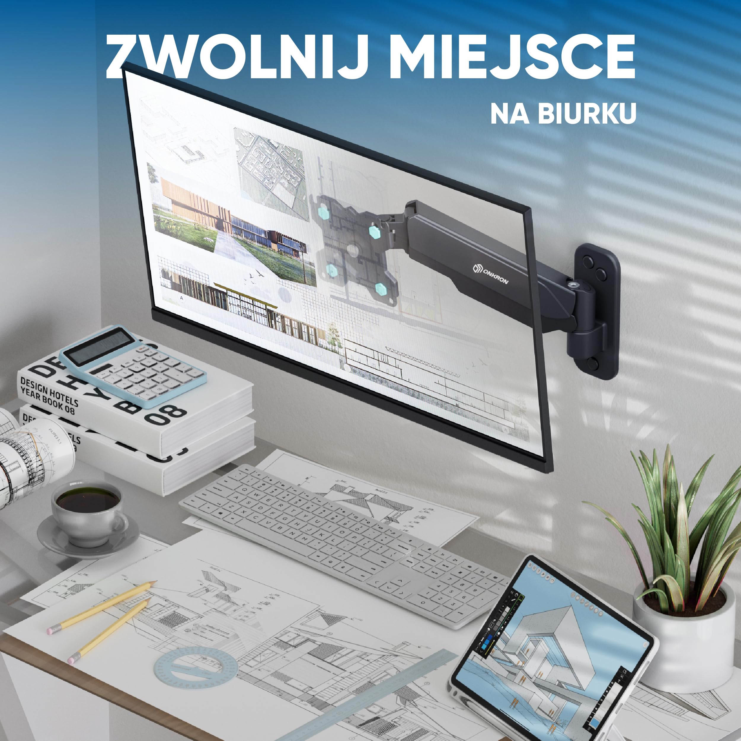 ONKRON Uchwyt Ścienny do Monitora 13"-34", Maks. Nośność 8 kg, Ramię Gazowe z Regulacją Wysokości, VESA 75x75-100x100, Obrót 360°, Pełna Regulacja Monitora, Kanał na Kable, Czarny G120-B