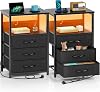 Seventable Bedside Tables Set of 2 - LED Side Table with Charging Station, Storage Shelf and 3 Drawers - Slim Narrow Nightstand Small Spaces for BedroomLiving Room 2, Black