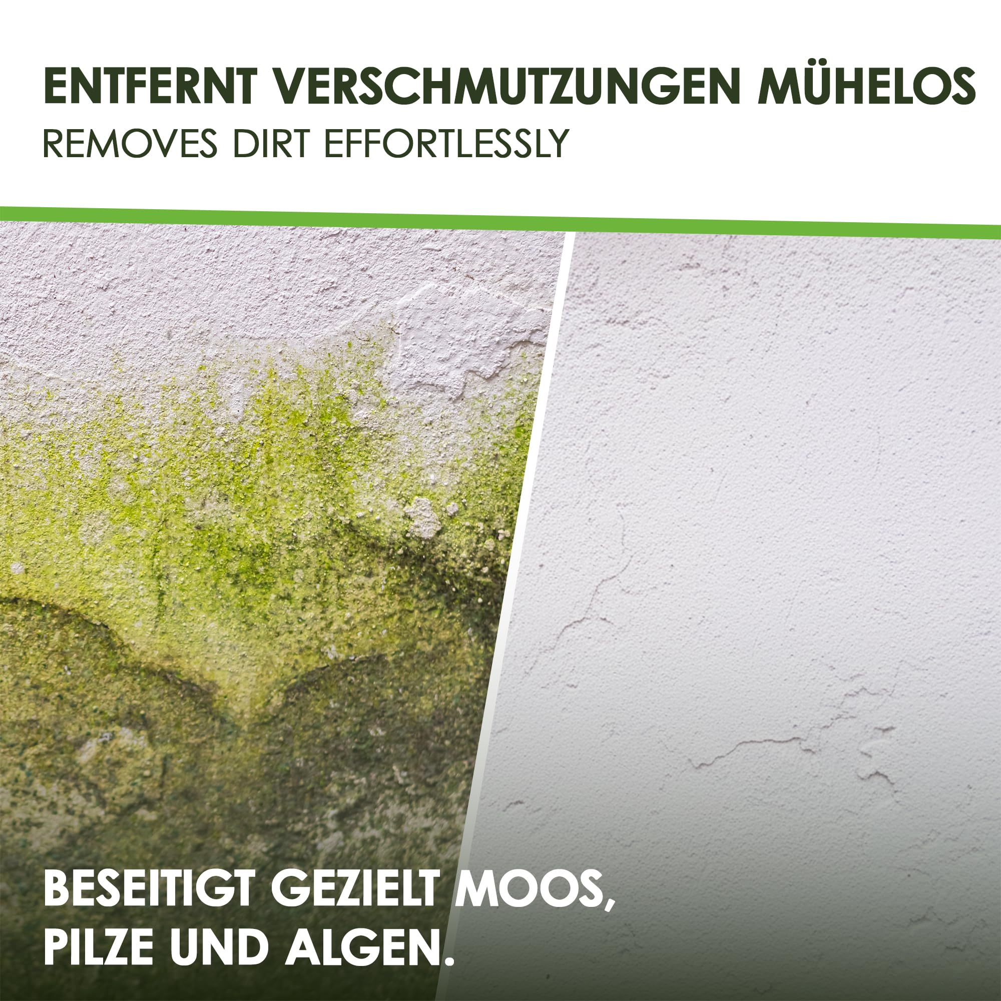 Grünbelagentferner Konzentrat Pro 1x5 Liter | Moosentferner entfernt Flechten, Algen & Grünspan | Steinreiniger Intensiv Aussen für Pflastersteine, Terrasse & Beton